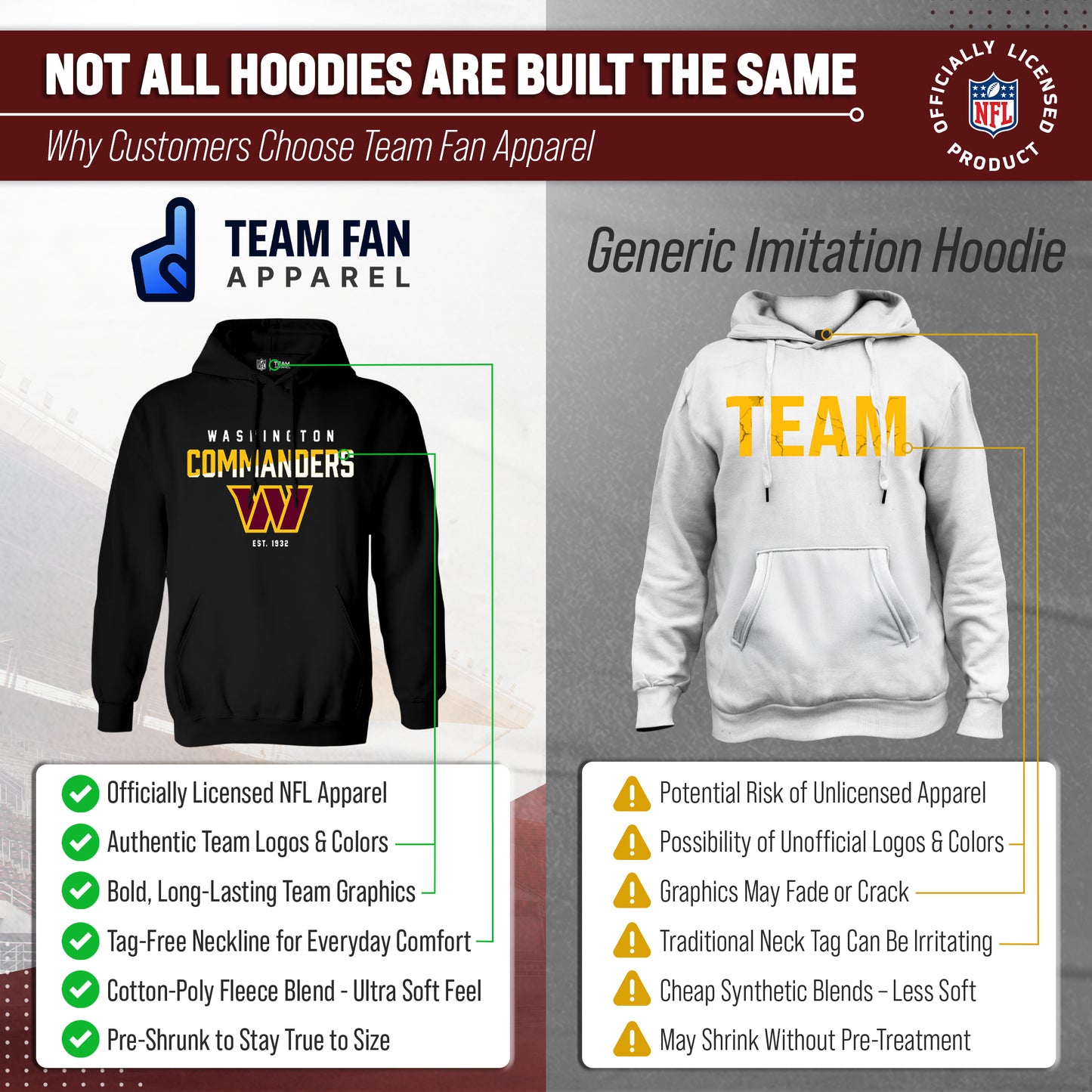 Washington Commanders Adult NFL Diagonal Fade Fleece Hooded Sweatshirt - Black