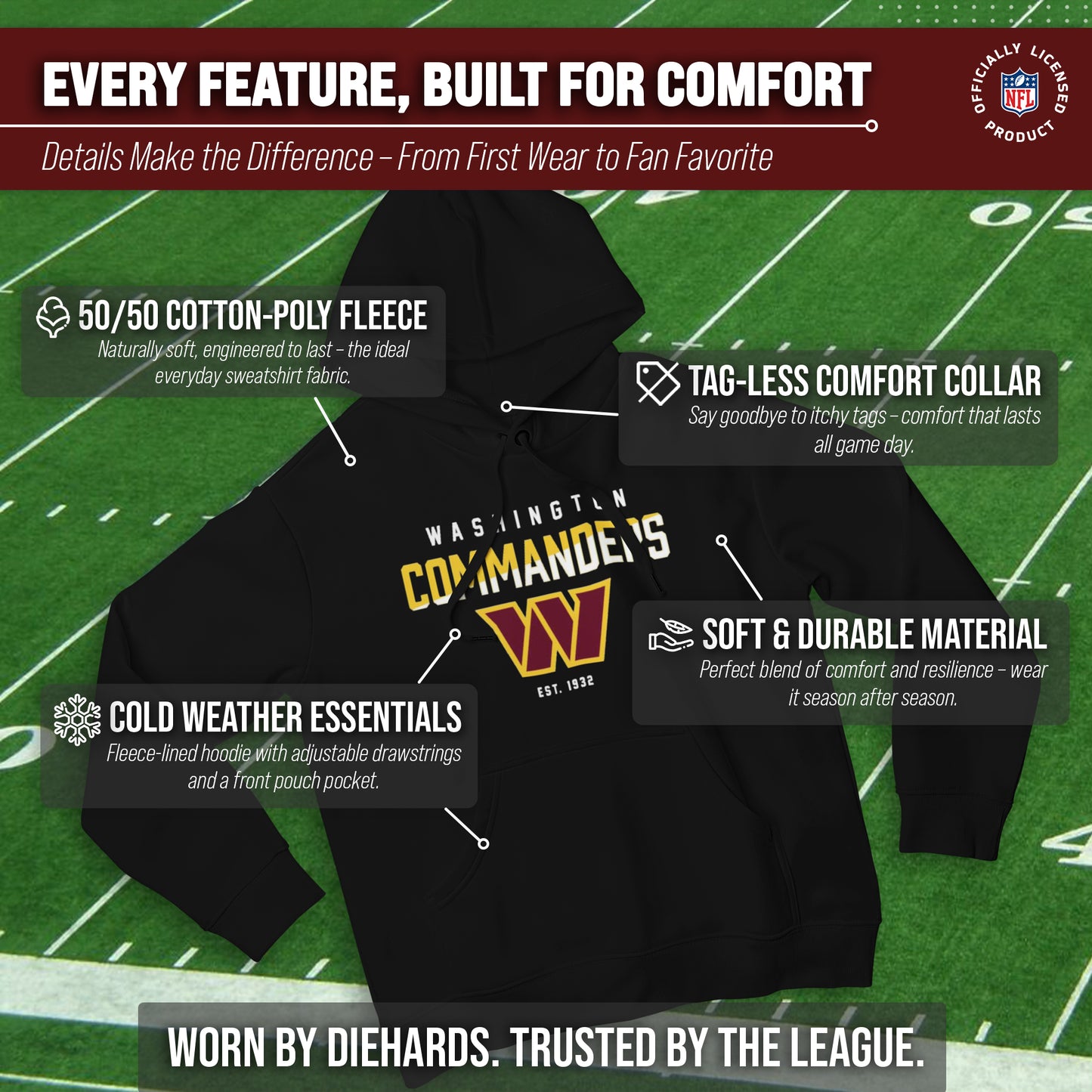 Washington Commanders Adult NFL Diagonal Fade Fleece Hooded Sweatshirt - Black
