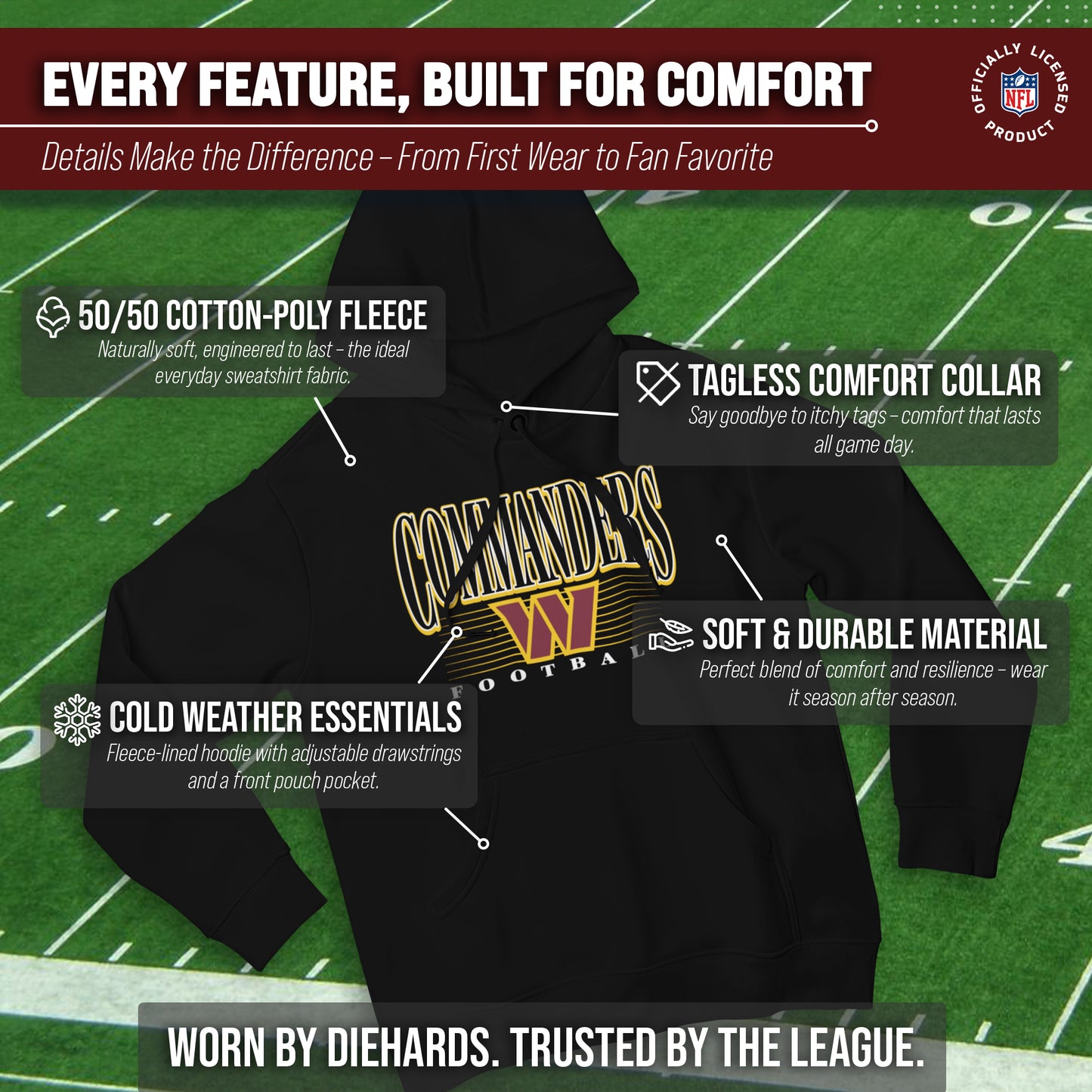 Washington Commanders NFL Adult Unisex Overtime Blueprint Soft Fleece Hooded Sweatshirt - Black