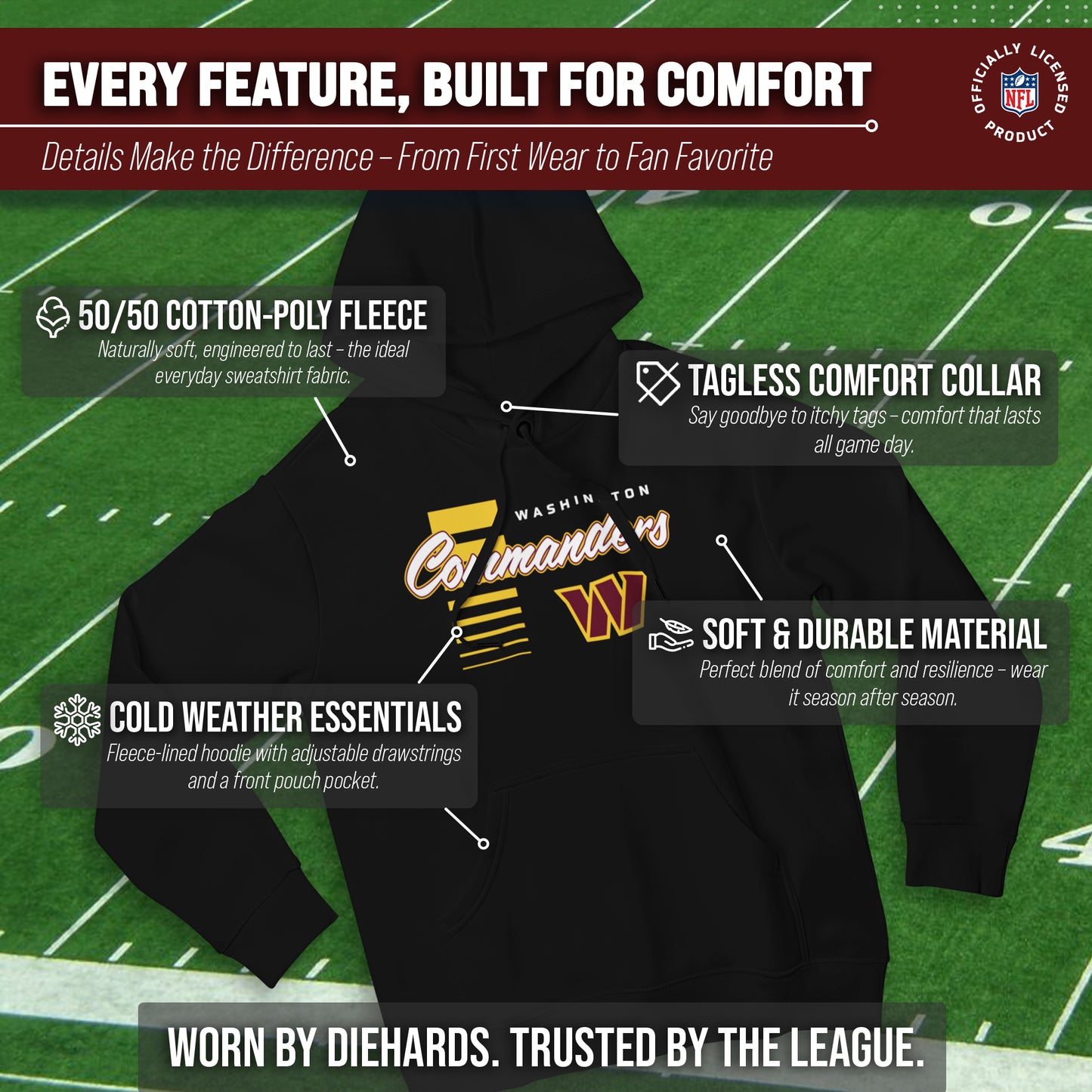 Washington Commanders NFL Adult Unisex Retro Script Ultra Soft Fleece Hooded Sweatshirt - Black
