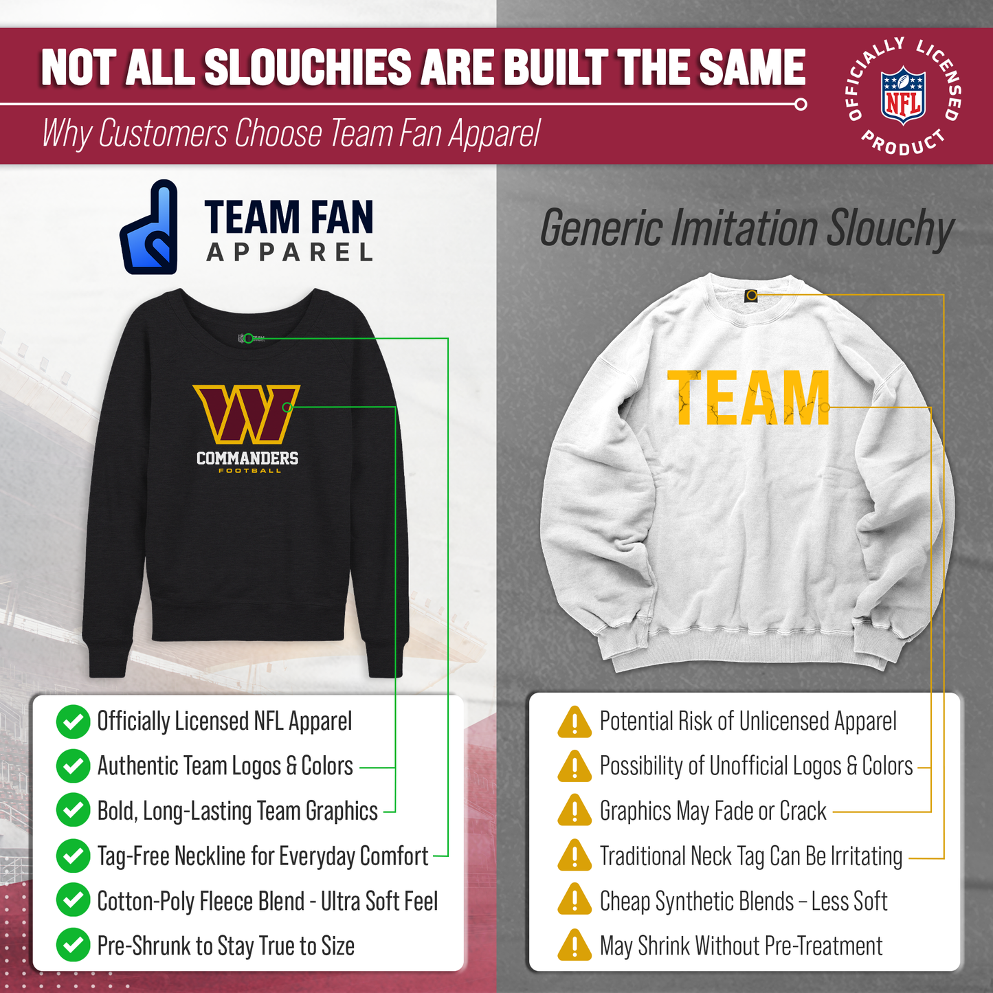 Washington Commanders Women's NFL Ultimate Fan Logo Slouchy Crewneck -Tagless Fleece Lightweight Pullover - Charcoal