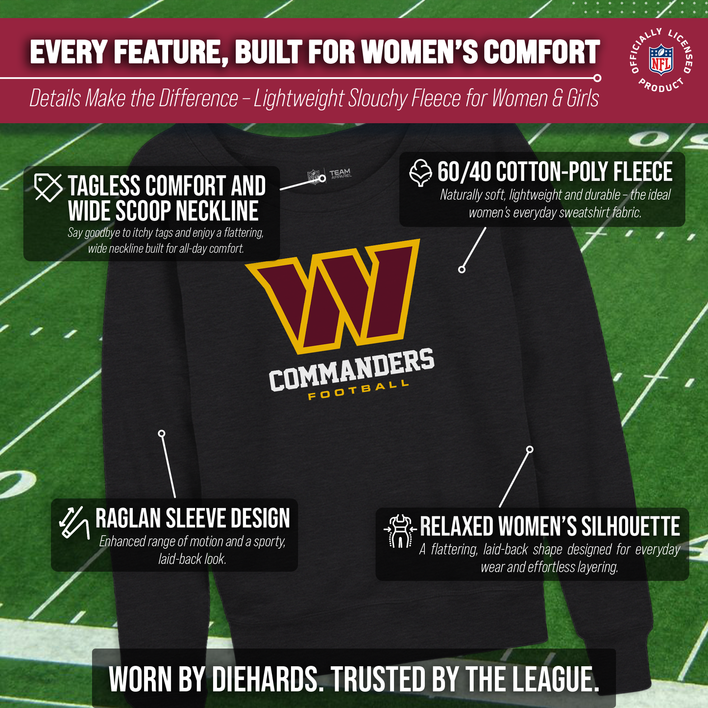 Washington Commanders Women's NFL Ultimate Fan Logo Slouchy Crewneck -Tagless Fleece Lightweight Pullover - Charcoal