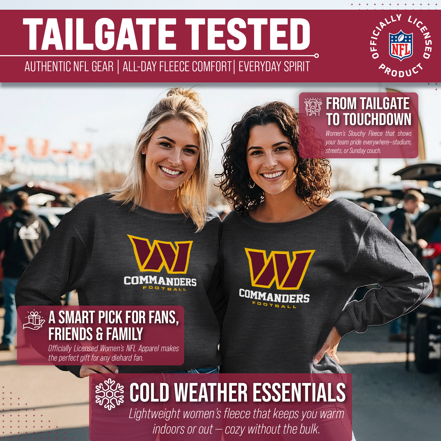 Washington Commanders Women's NFL Ultimate Fan Logo Slouchy Crewneck -Tagless Fleece Lightweight Pullover - Charcoal