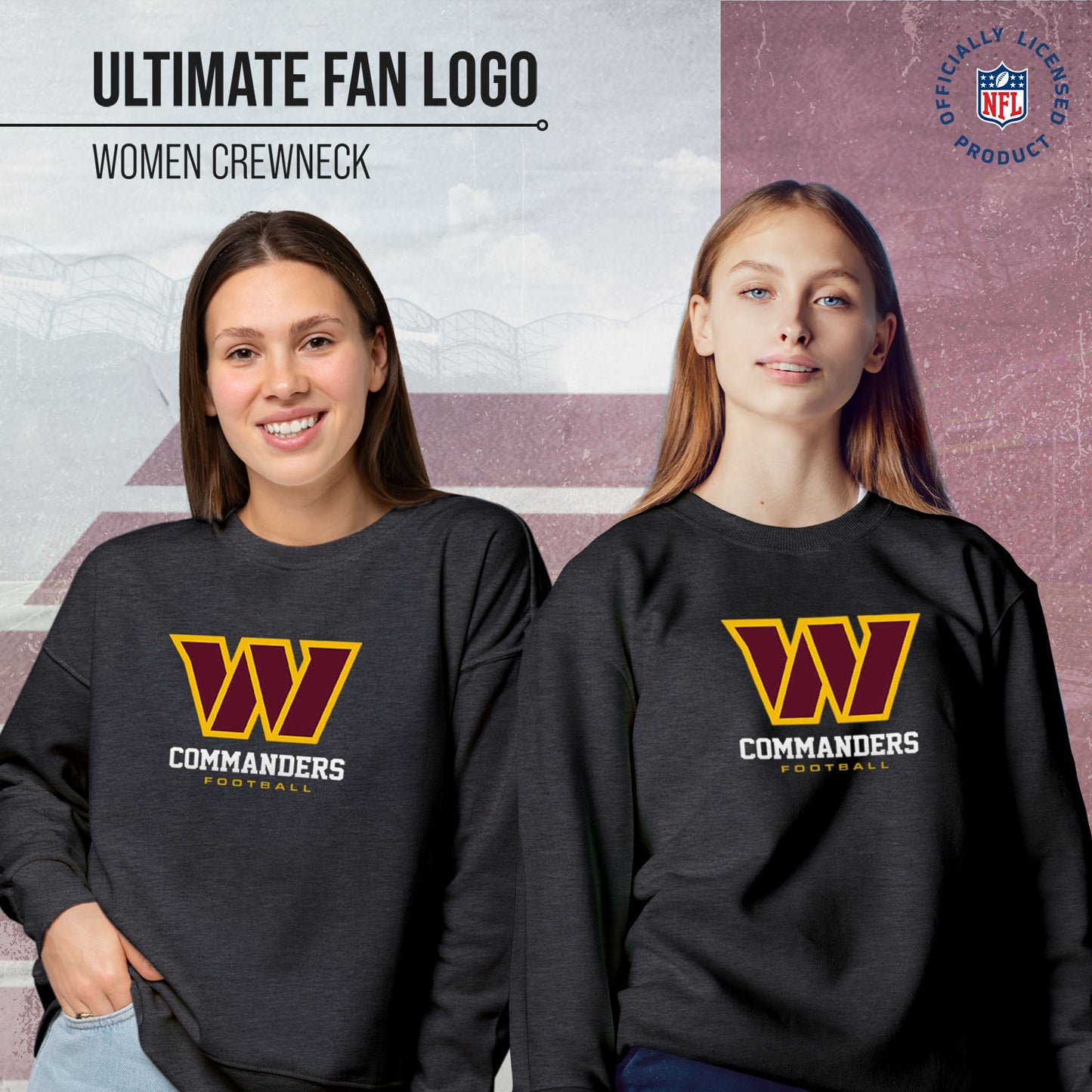 Washington Commanders Women's NFL Ultimate Fan Logo Slouchy Crewneck -Tagless Fleece Lightweight Pullover - Charcoal