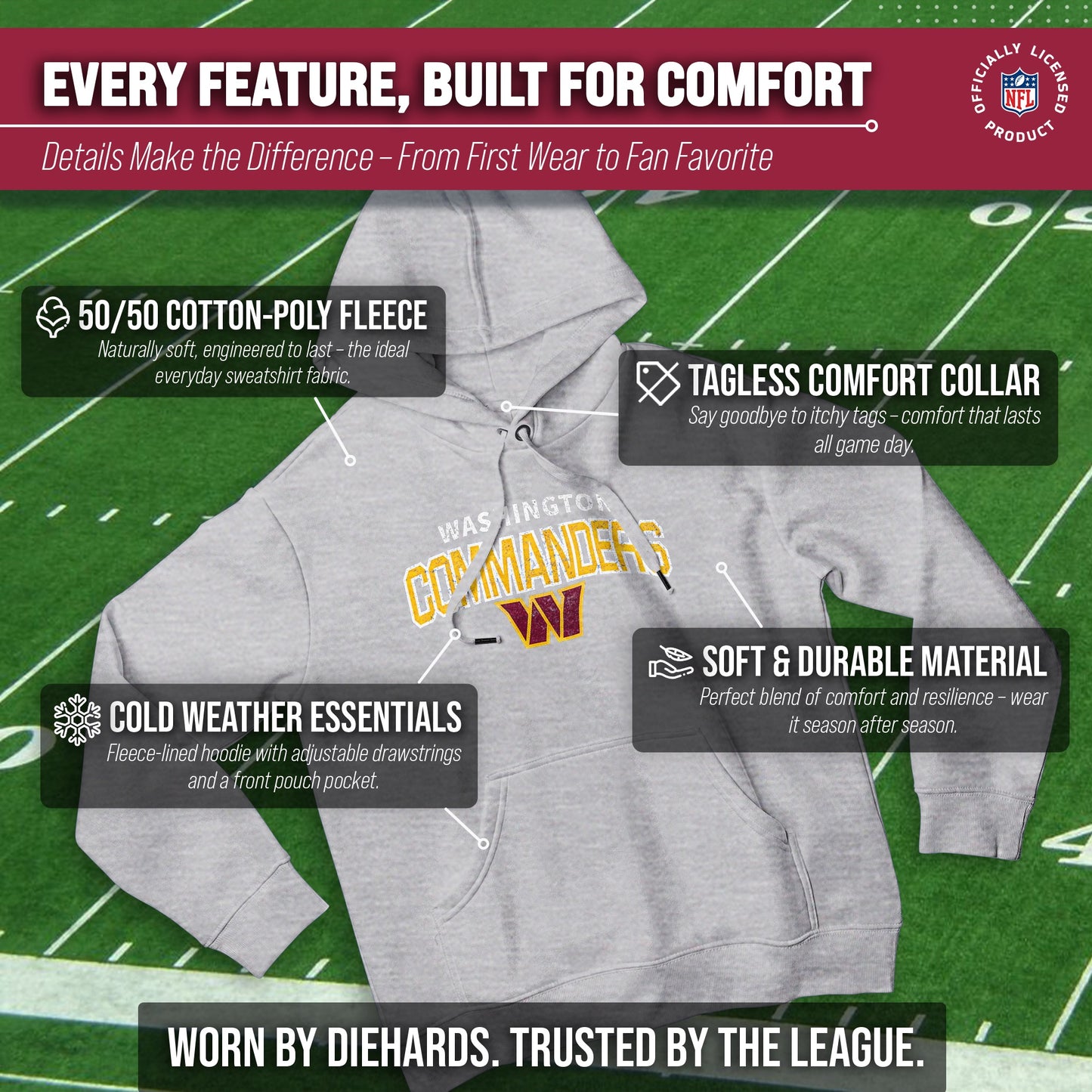Washington Commanders NFL Adult Unisex Starting Fresh Ultra Soft Fleece Hooded Sweatshirt - Athletic Heather