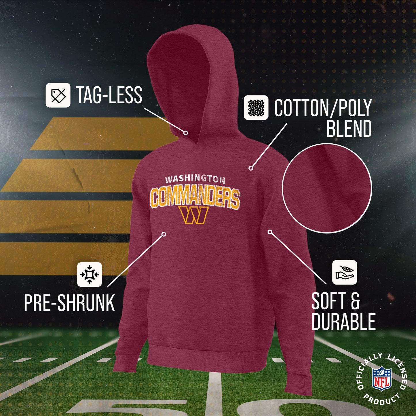 Washington Commanders NFL Youth Starting Fresh Hoodie- Pro Football Sweatshirt for Boys and Girls - Maroon