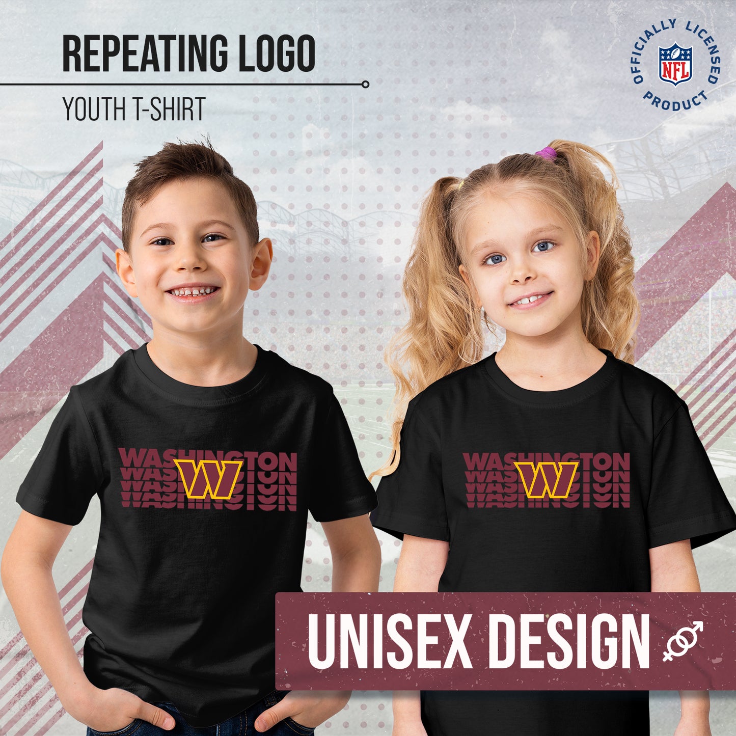Washington Commanders NFL Youth Repeating Logo Football T-Shirt Unisex Tag Free Comfortable - Black