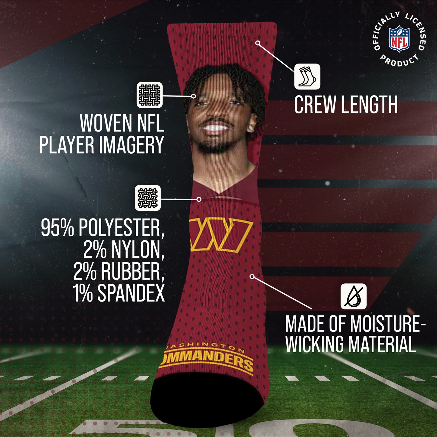 Washington Commanders NFL Youth Roster Player Crew Socks - Maroon