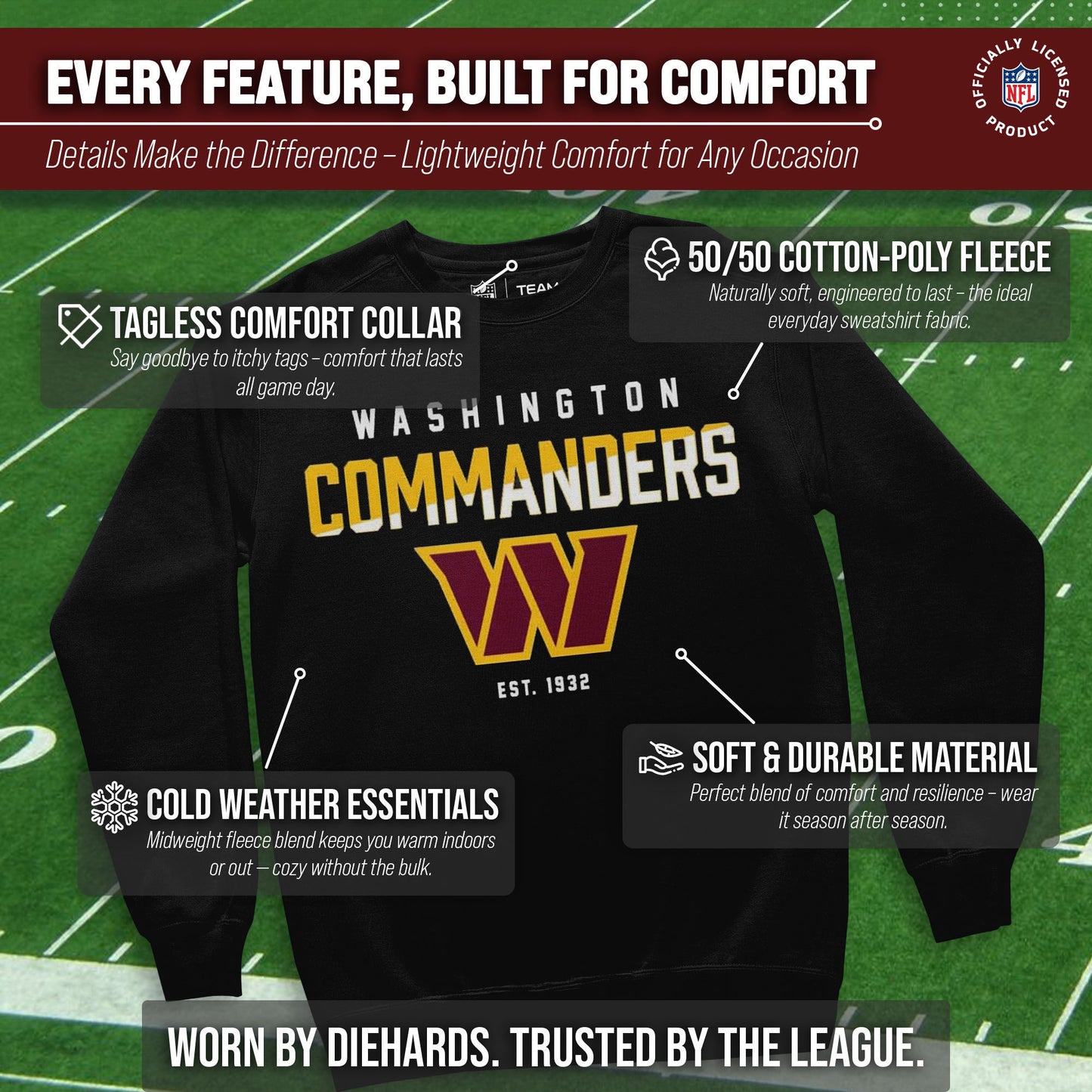 Washington Commanders Adult NFL Diagonal Fade Color Block Crewneck Sweatshirt - Black