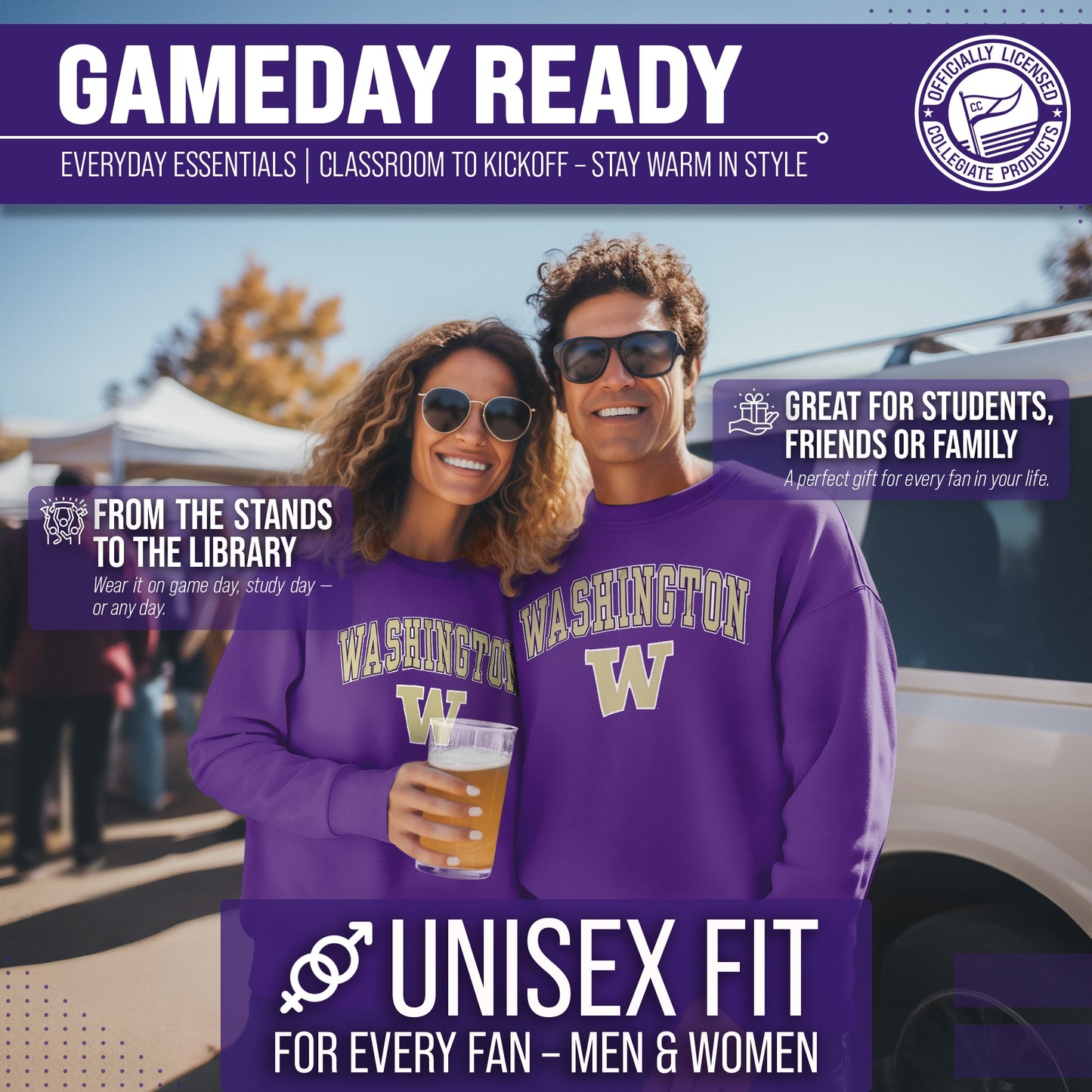 Washington Huskies Adult Arch & Logo Soft Style Gameday Crewneck Sweatshirt - Purple
