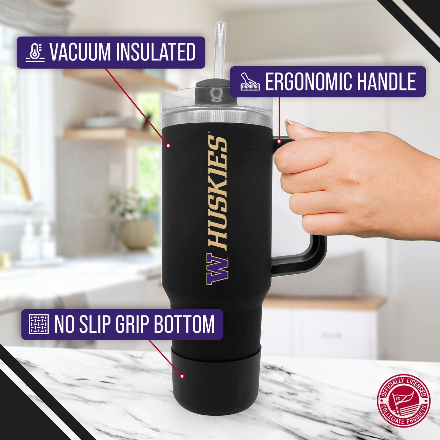 Washington Huskies College & University 40 oz Travel Tumbler With Handle - Black