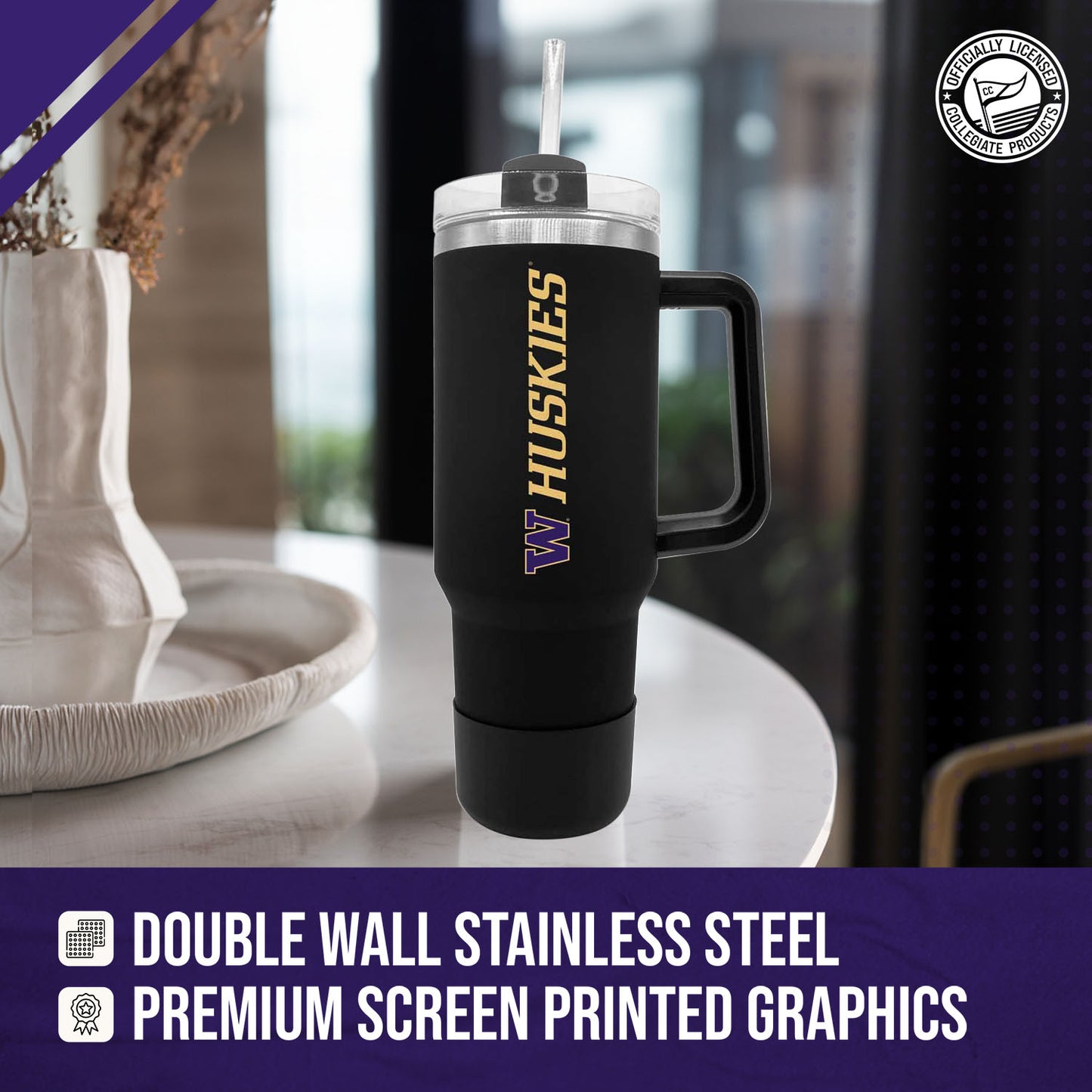 Washington Huskies College & University 40 oz Travel Tumbler With Handle - Black