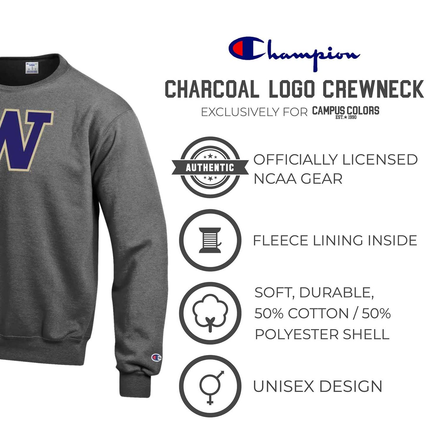 Washington Huskies Adult Mascot Fleece Crewneck - Charcoal