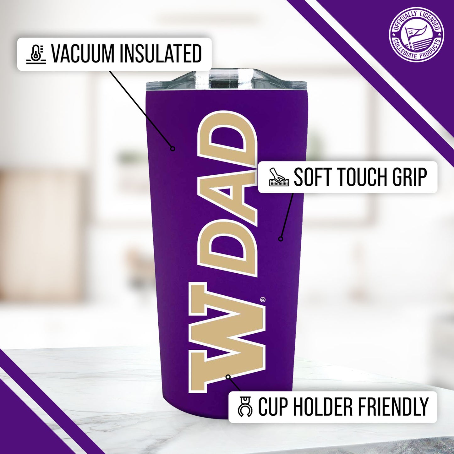 Washington Huskies NCAA Stainless Steel Travel Tumbler for Dad - Purple