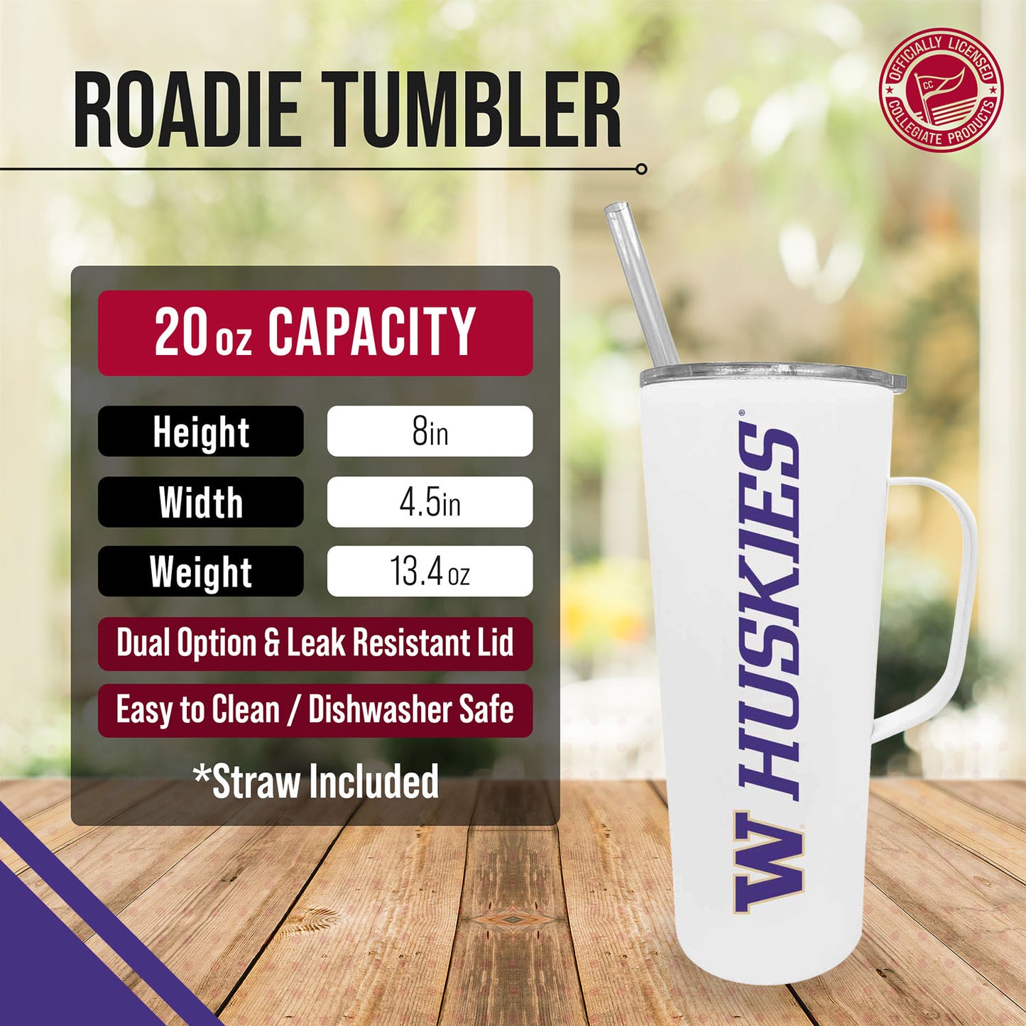 Washington Huskies NCAA Stainless Steel 20oz Roadie With Handle & Dual Option Lid With Straw - White