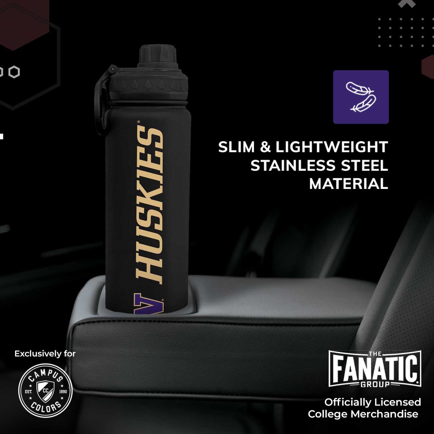 Washington Huskies NCAA Stainless Steel Water Bottle - Black