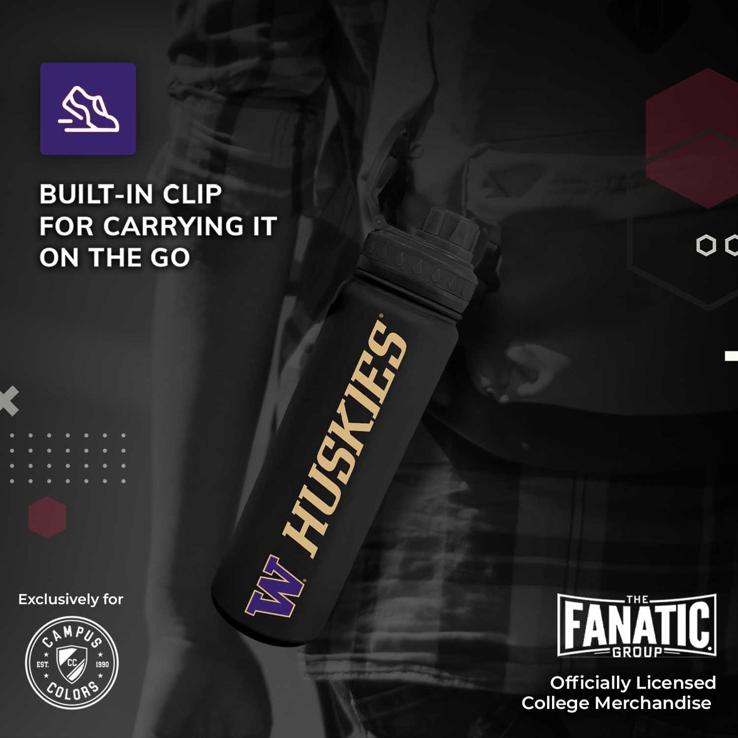 Washington Huskies NCAA Stainless Steel Water Bottle - Black