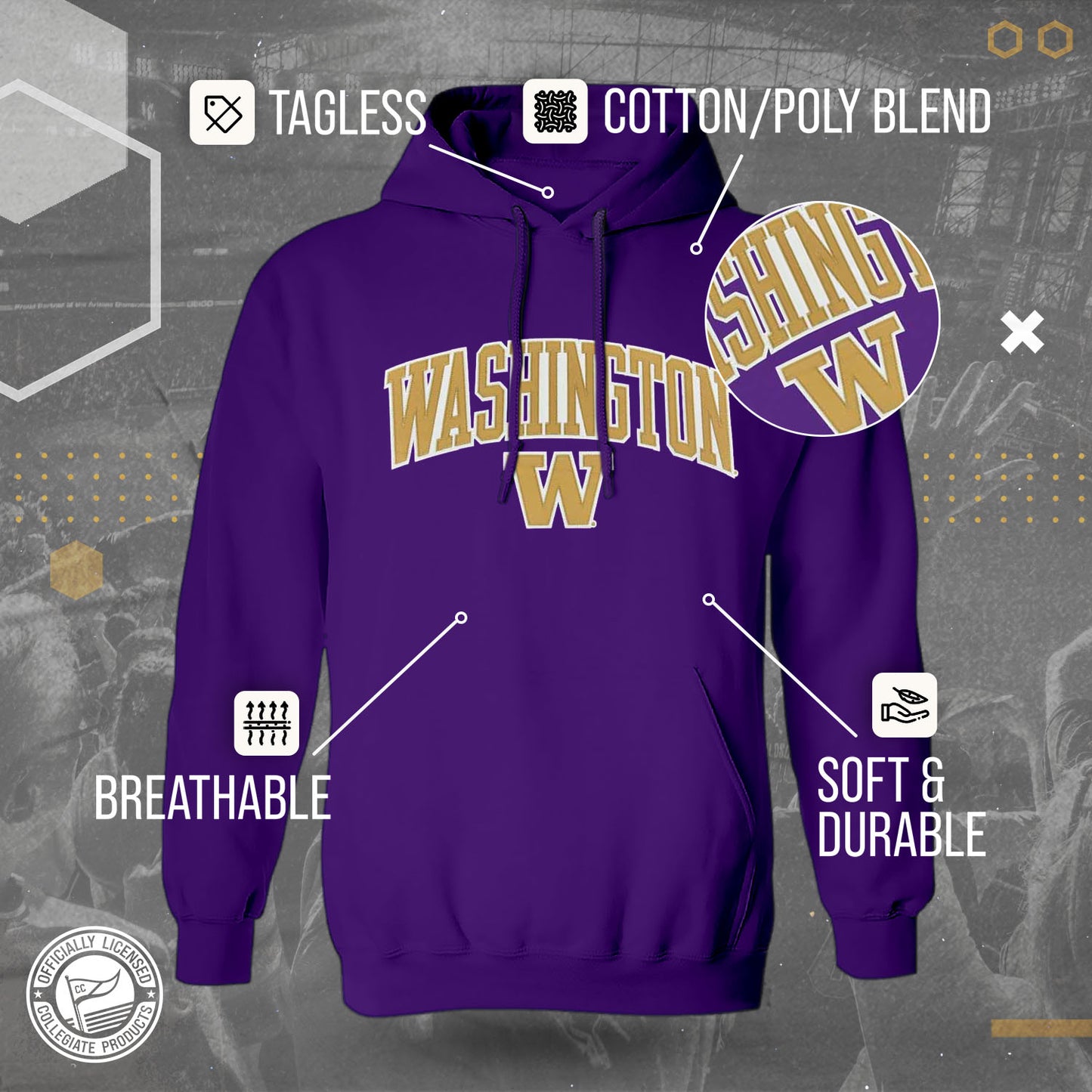 Washington Huskies NCAA Adult Tackle Twill Hooded Sweatshirt - Purple