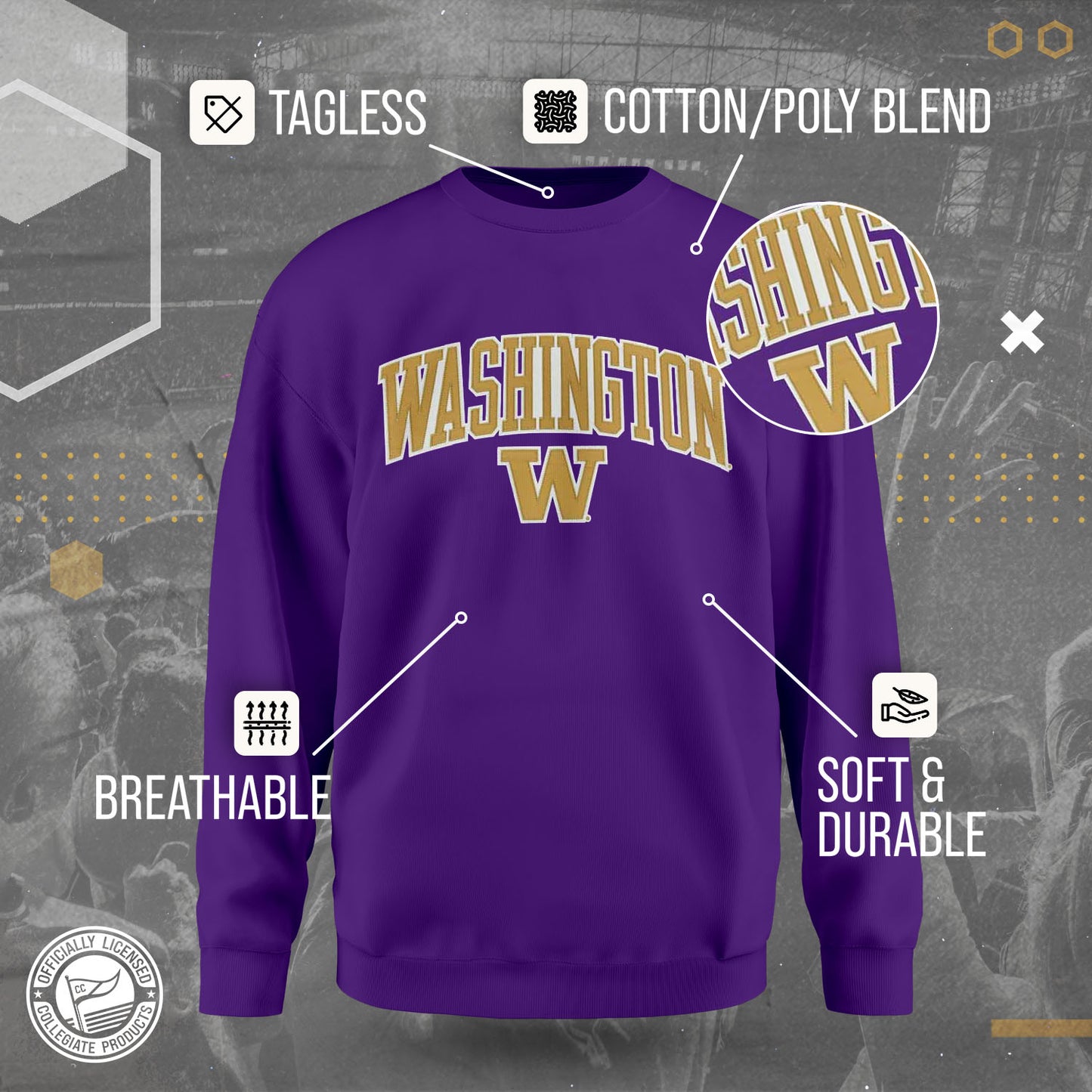 Washington Huskies NCAA Adult Tackle Twill Crewneck Sweatshirt - Purple