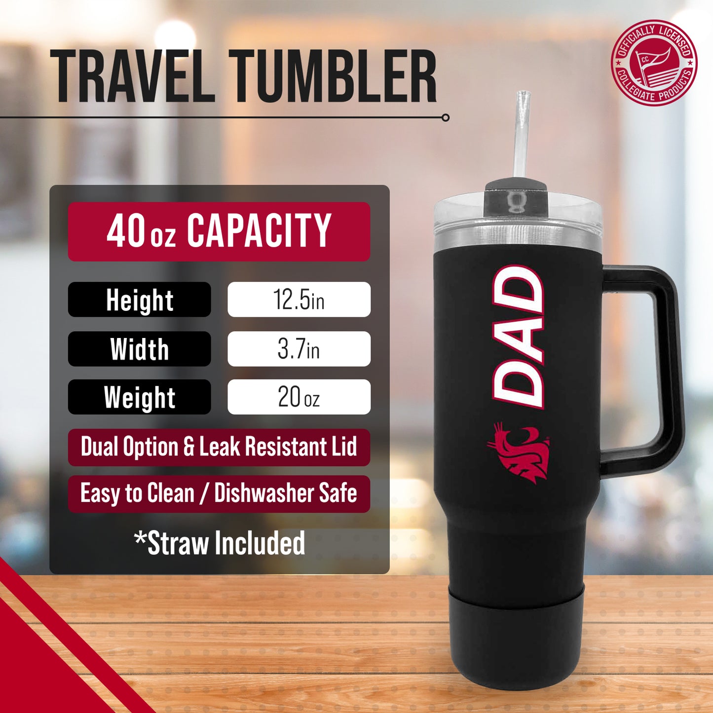 Washington State Cougars Collegiate 40oz Stainless Steel Travel Tumbler with Handle for Dad - Black
