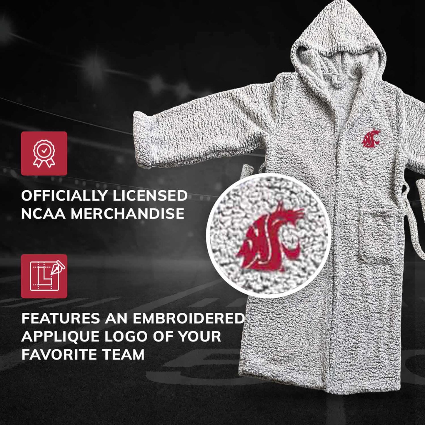 Washington State Cougars NCAA Adult Plush Hooded Robe with Pockets - Gray