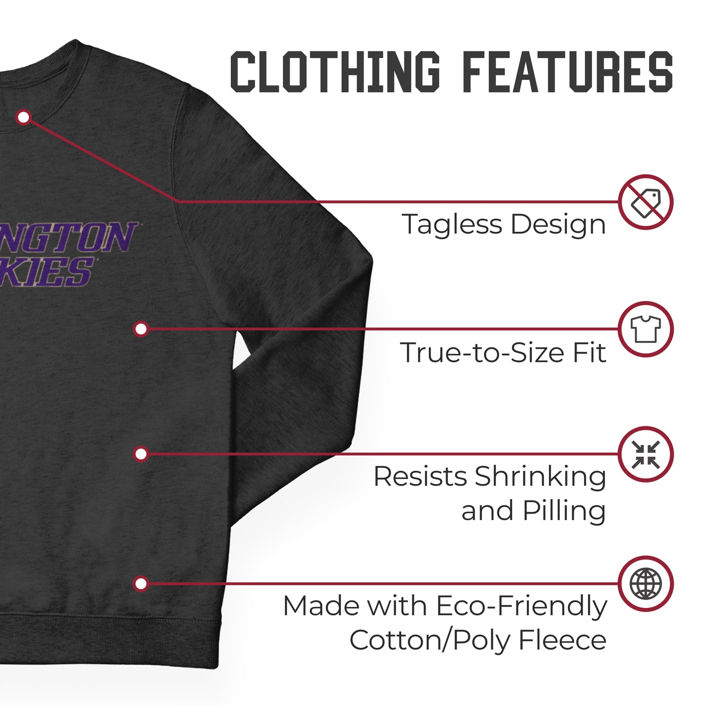 Washington Huskies NCAA Adult Charcoal Crewneck Fleece Sweatshirt - Charcoal