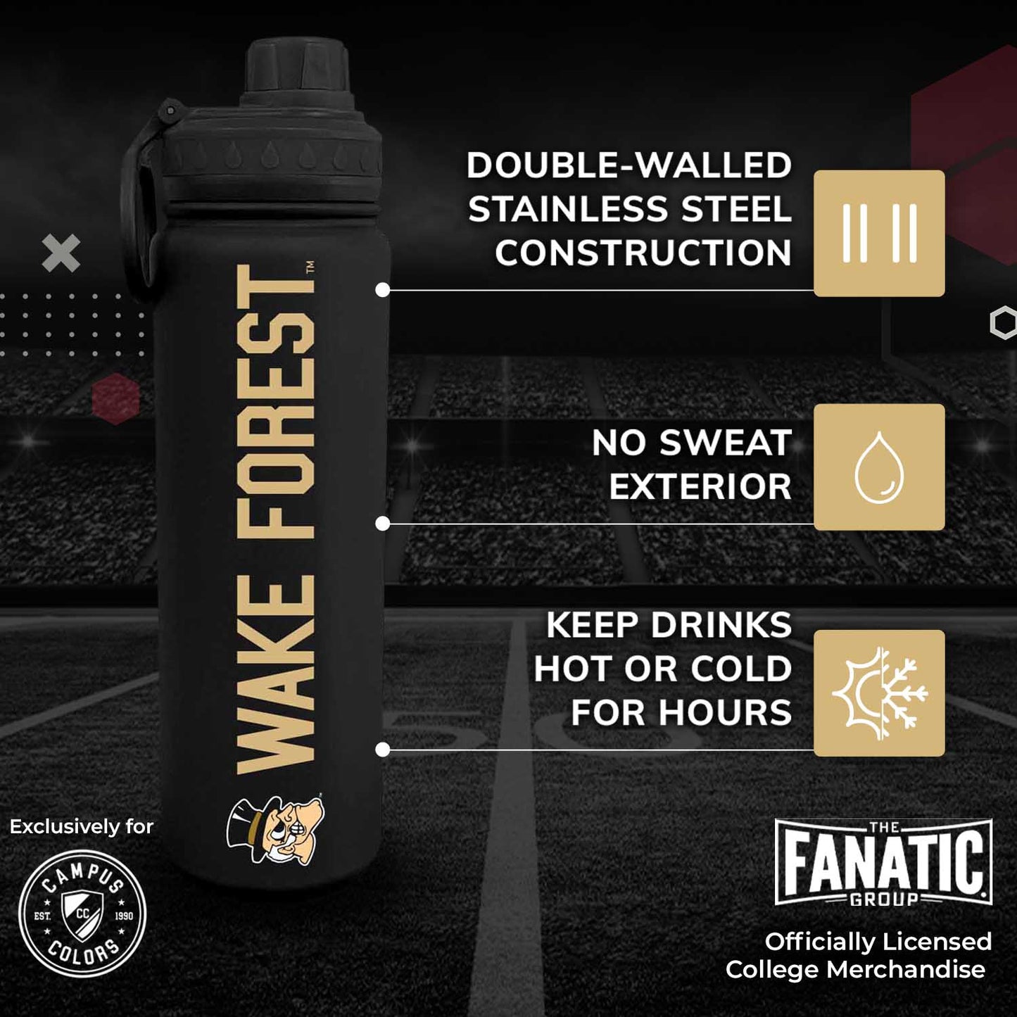 Wake Forest Demon Deacons NCAA Stainless Steel Water Bottle - Black