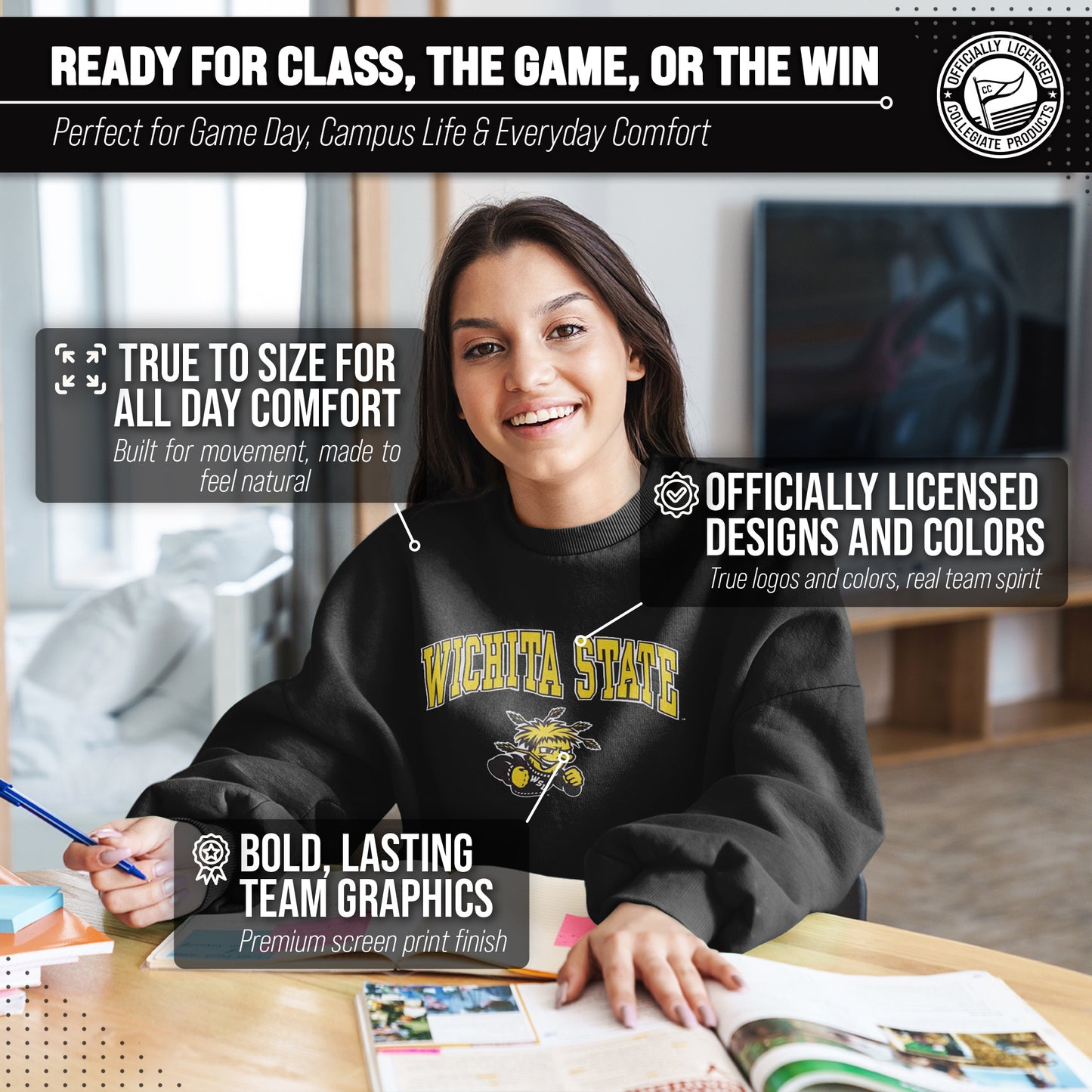 Wichita State Shockers Adult Arch & Logo Soft Style Gameday Crewneck Sweatshirt - Black