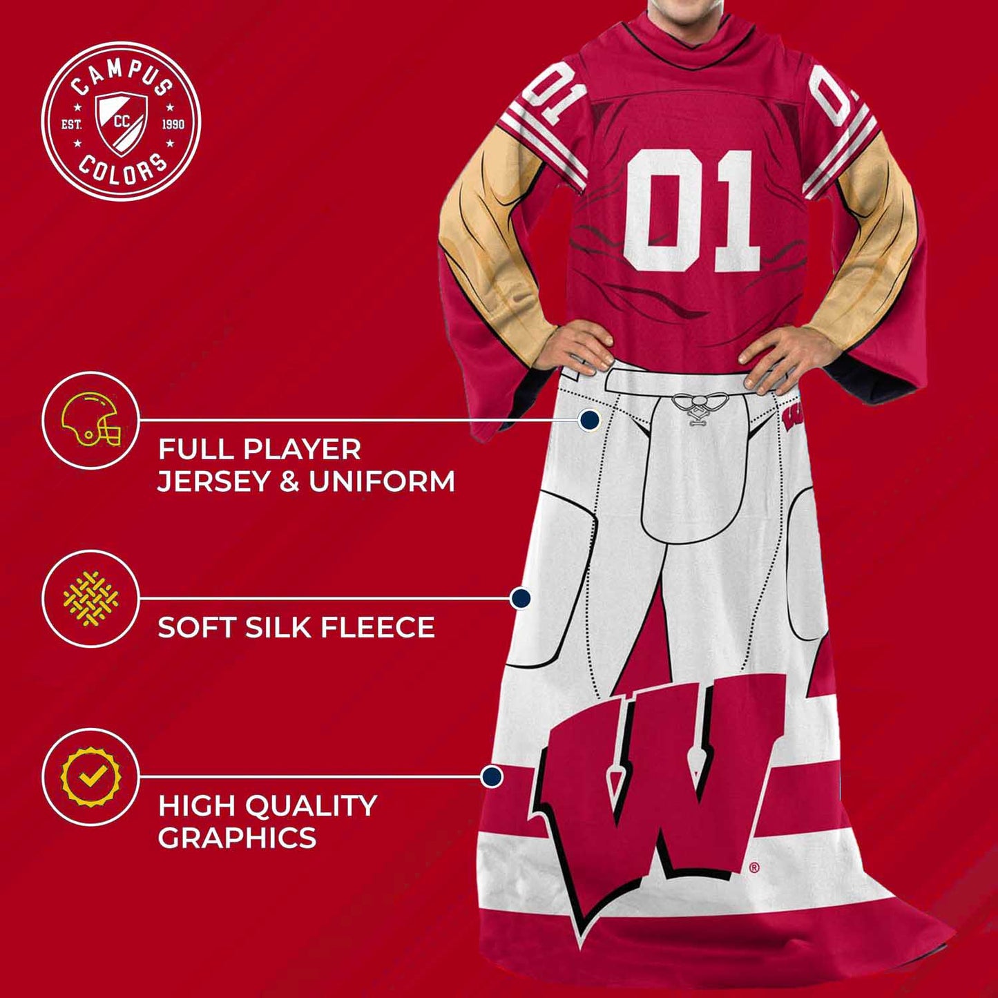Wisconsin Badgers NCAA Team Wearable Blanket with Sleeves - Red