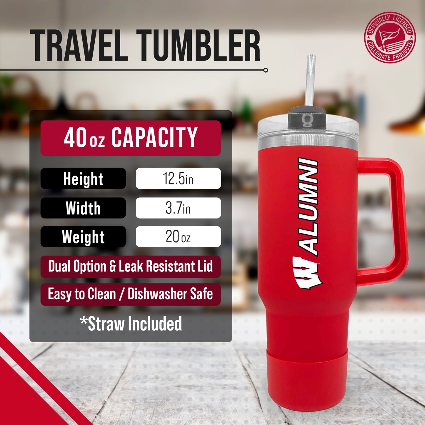 Wisconsin Badgers Collegiate 40oz Stainless Steel Travel Tumbler with Handle for Alumni - Red