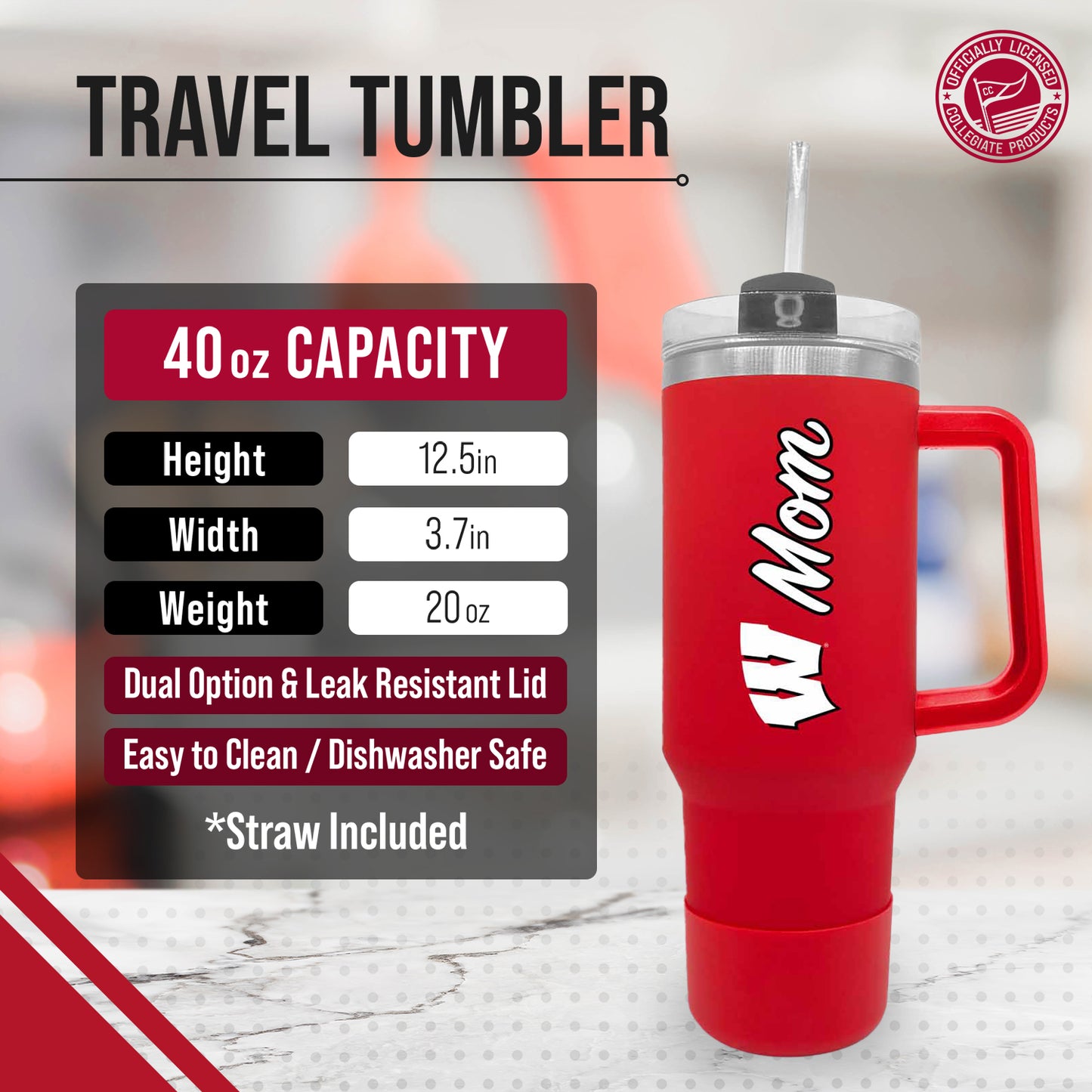 Wisconsin Badgers Collegiate 40oz Stainless Steel Travel Tumbler with Handle for Mom - Red