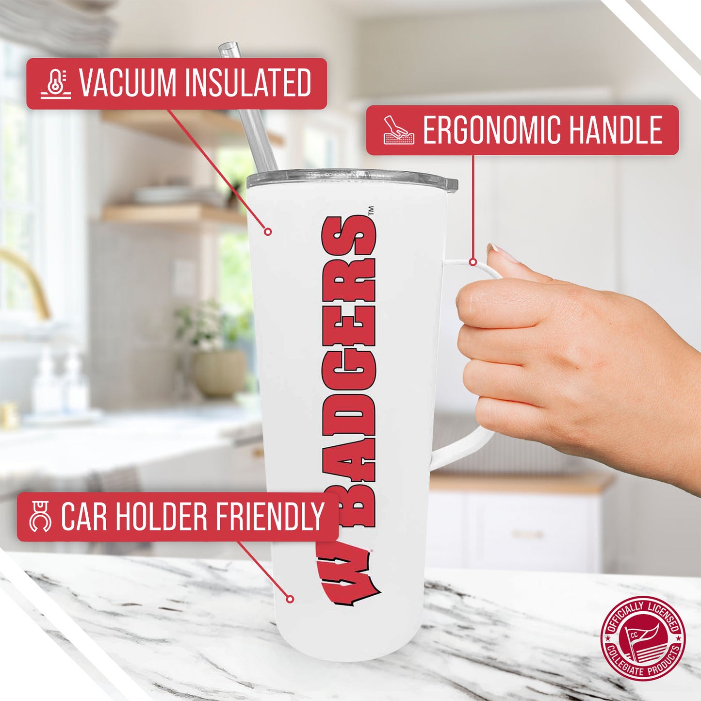 Wisconsin Badgers NCAA Stainless Steel 20oz Roadie With Handle & Dual Option Lid With Straw - White