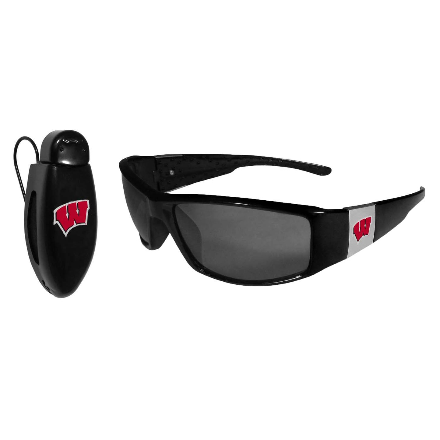 Wisconsin Badgers NCAA Black Chrome Sunglasses with Visor Clip Bundle - Black