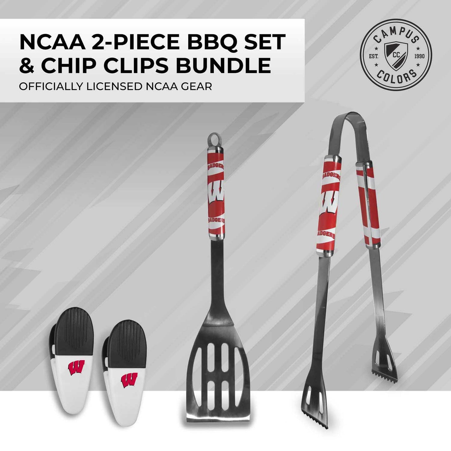 Wisconsin Badgers Collegiate University Two Piece Grilling Tools Set with 2 Magnet Chip Clips - Chrome