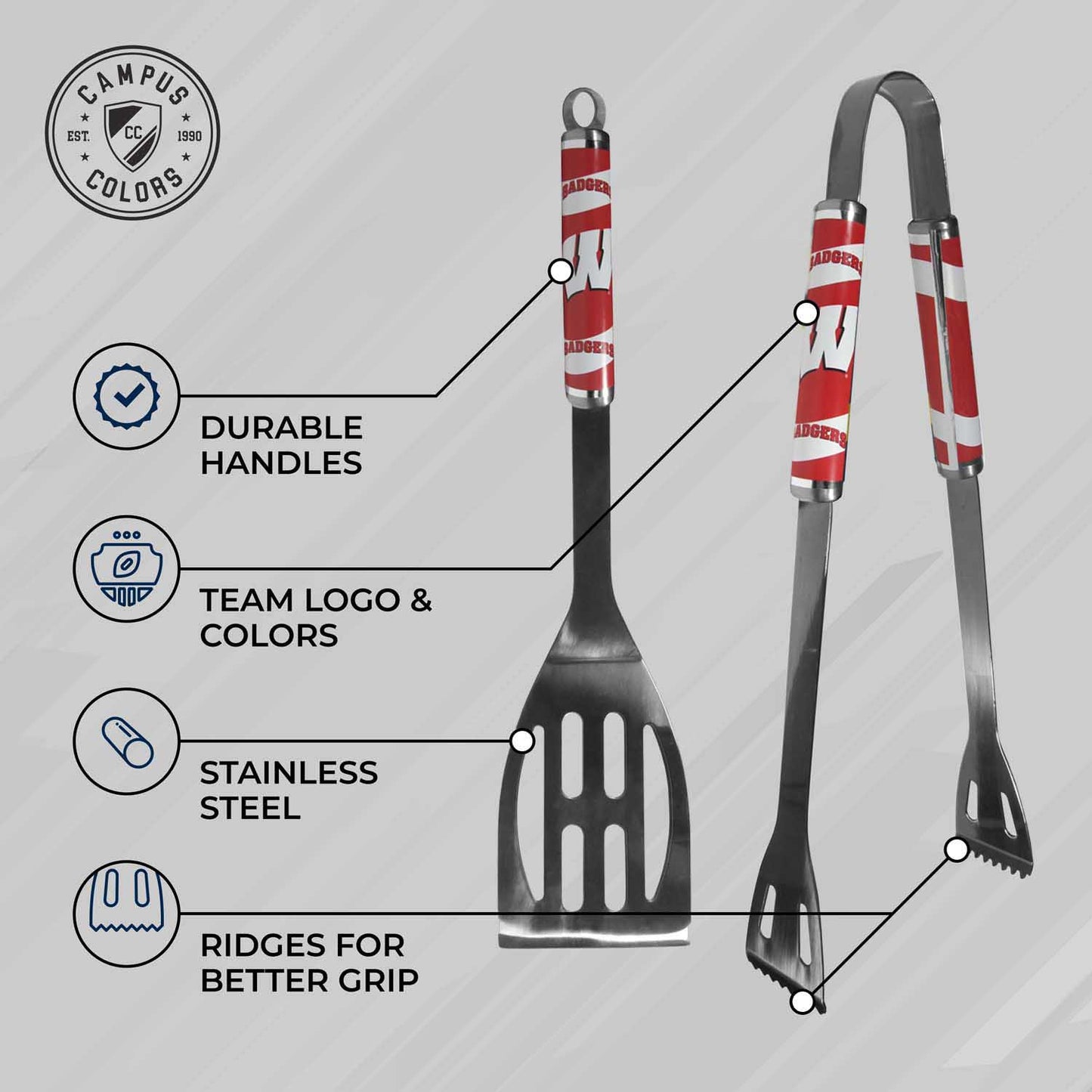 Wisconsin Badgers Collegiate University Two Piece Grilling Tools Set with 2 Magnet Chip Clips - Chrome