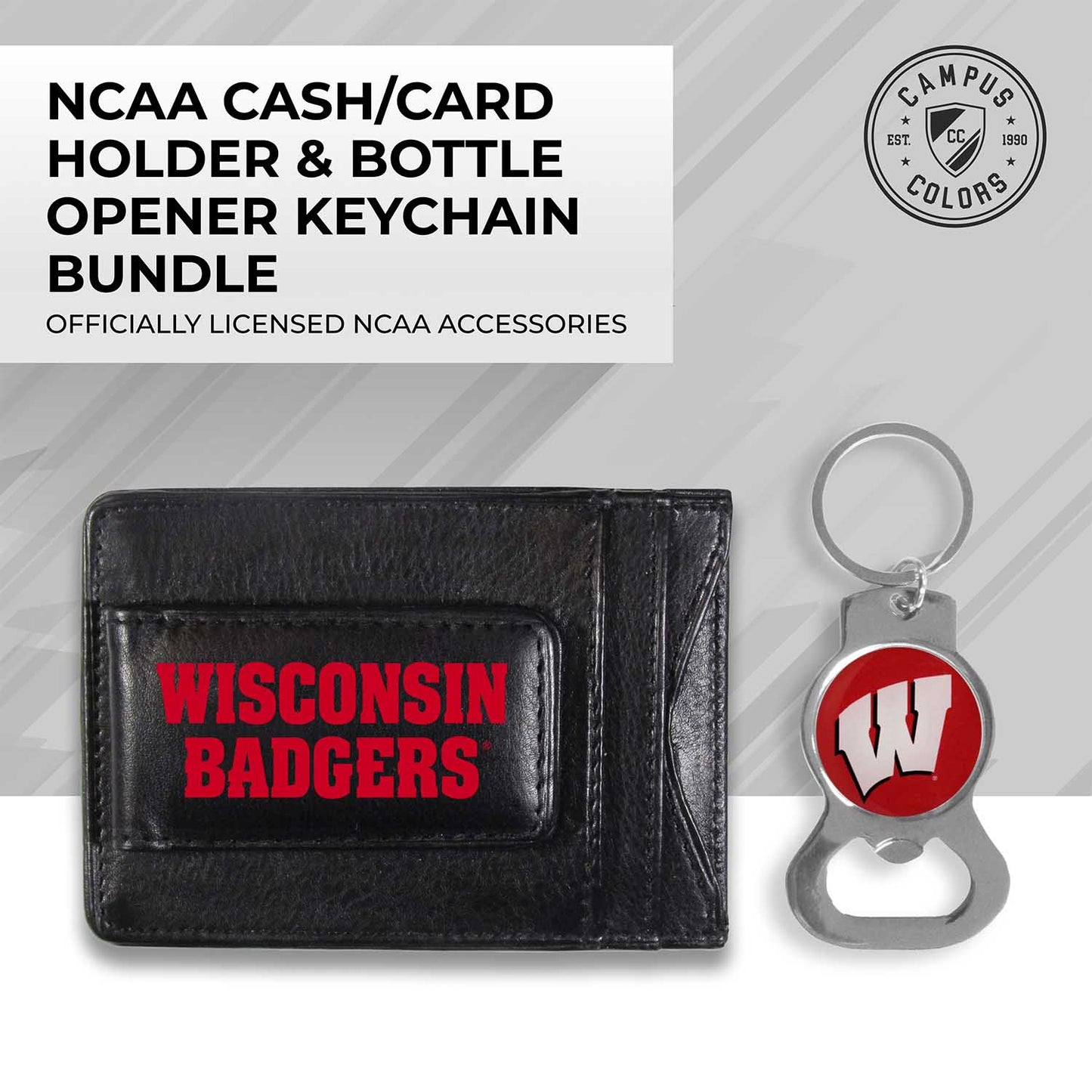 Wisconsin Badgers School Logo Leather Card/Cash Holder and Bottle Opener Keychain Bundle - Black