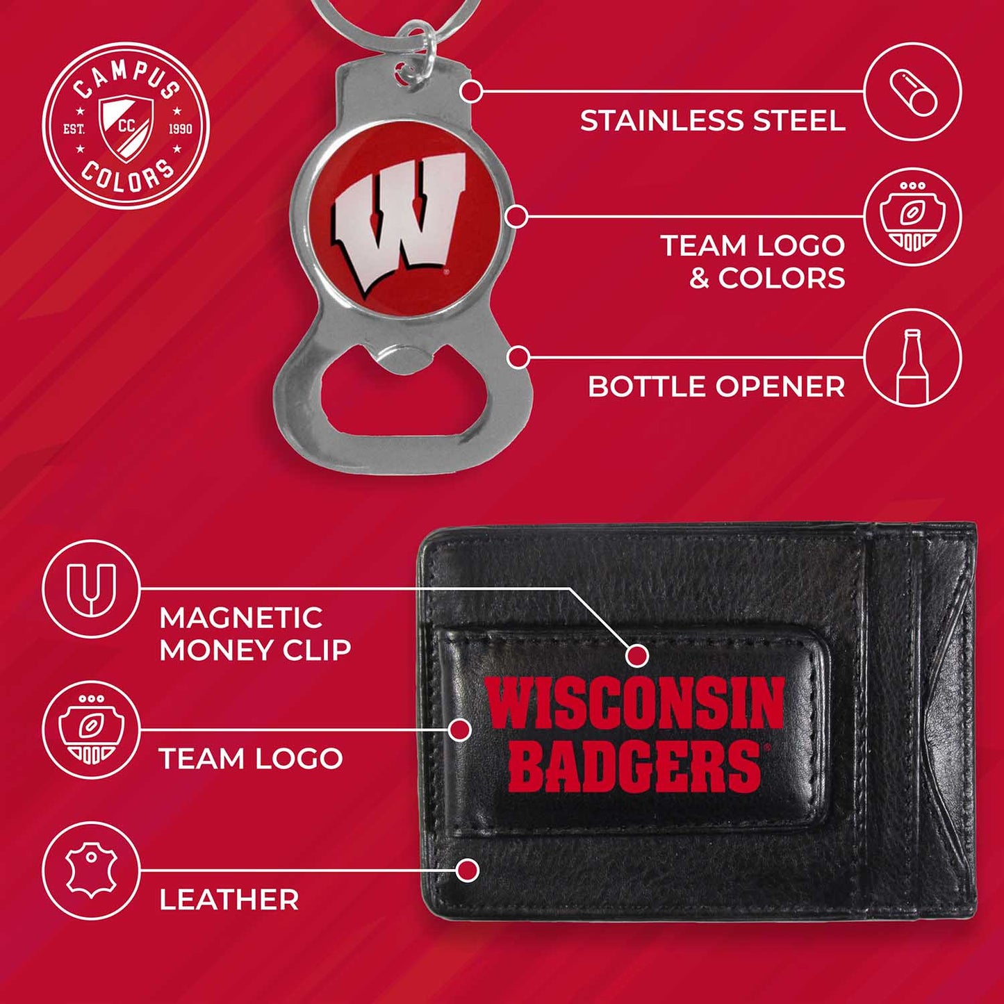 Wisconsin Badgers School Logo Leather Card/Cash Holder and Bottle Opener Keychain Bundle - Black