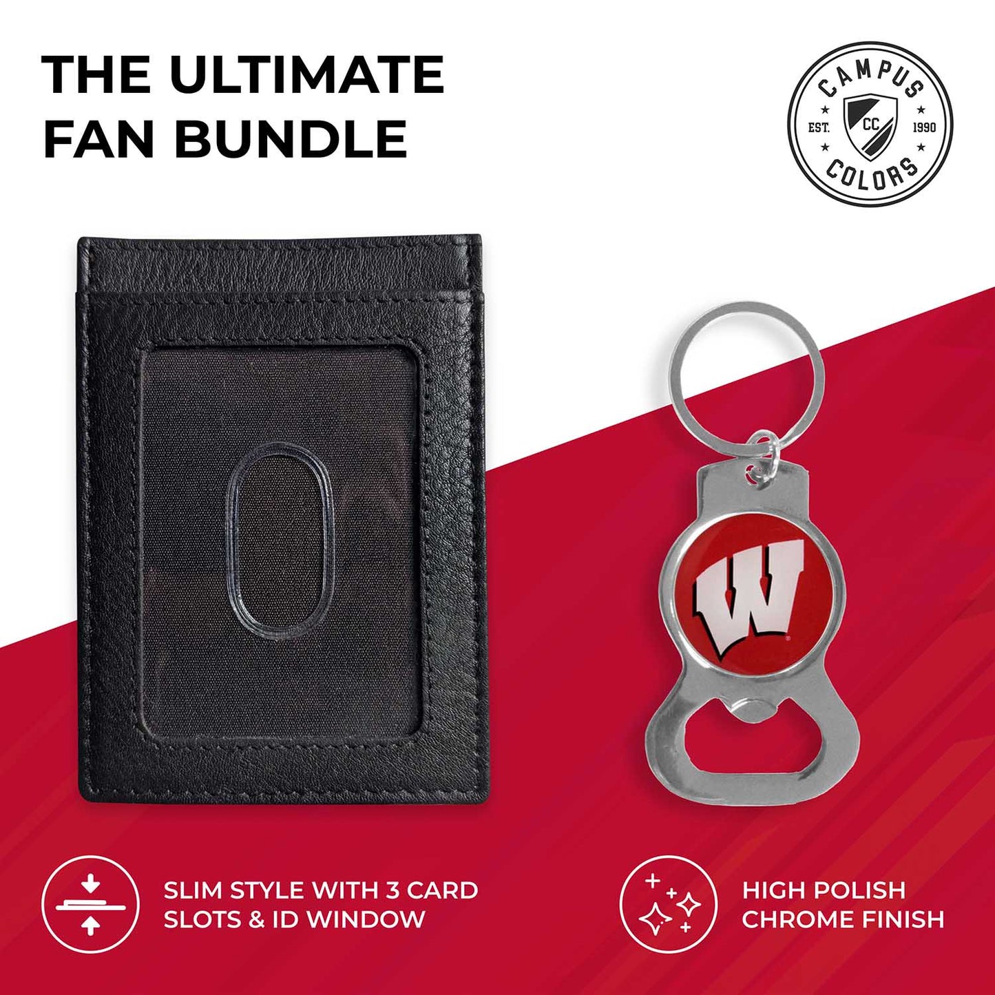 Wisconsin Badgers School Logo Leather Card/Cash Holder and Bottle Opener Keychain Bundle - Black