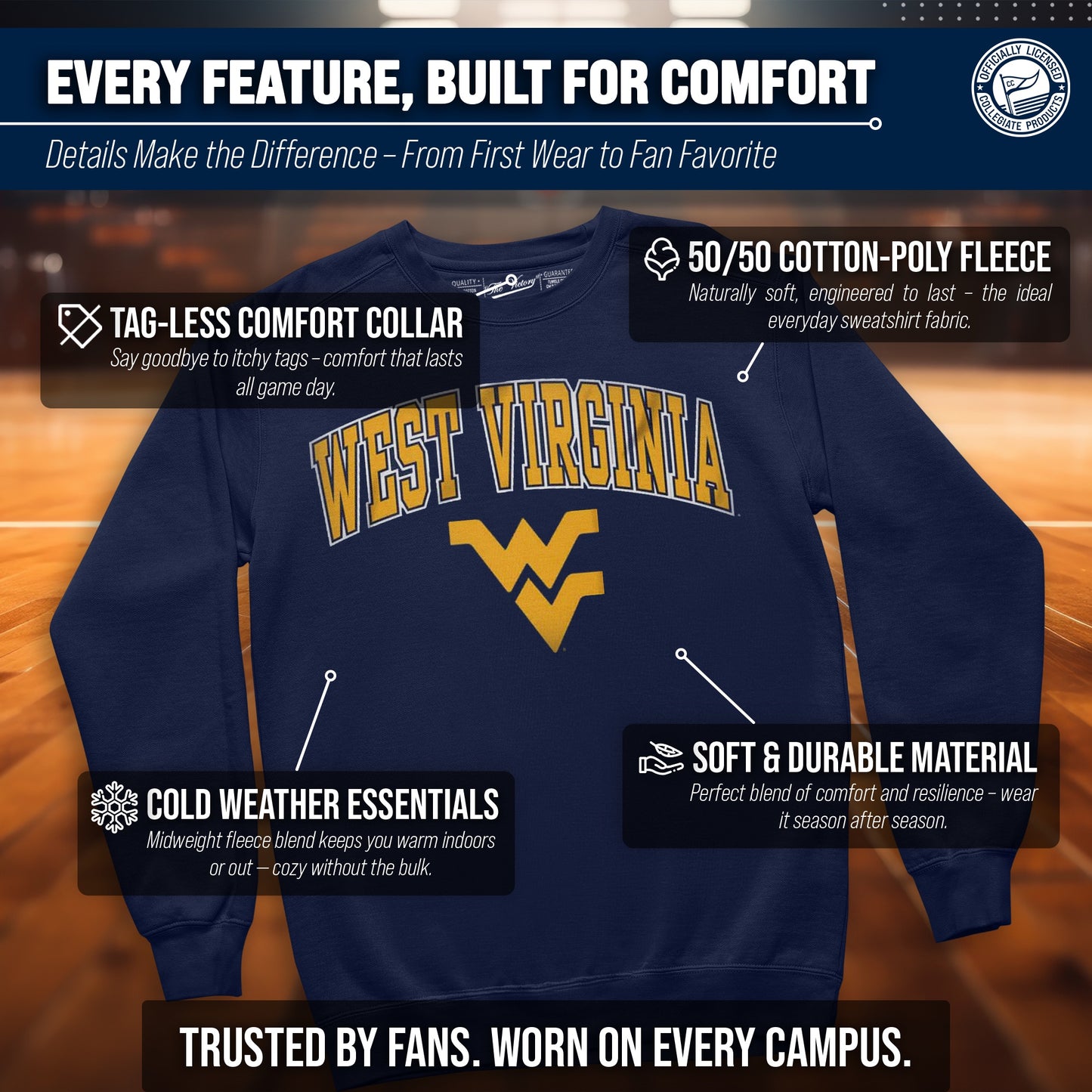 West Virginia Mountaineers Adult Arch & Logo Soft Style Gameday Crewneck Sweatshirt - Navy