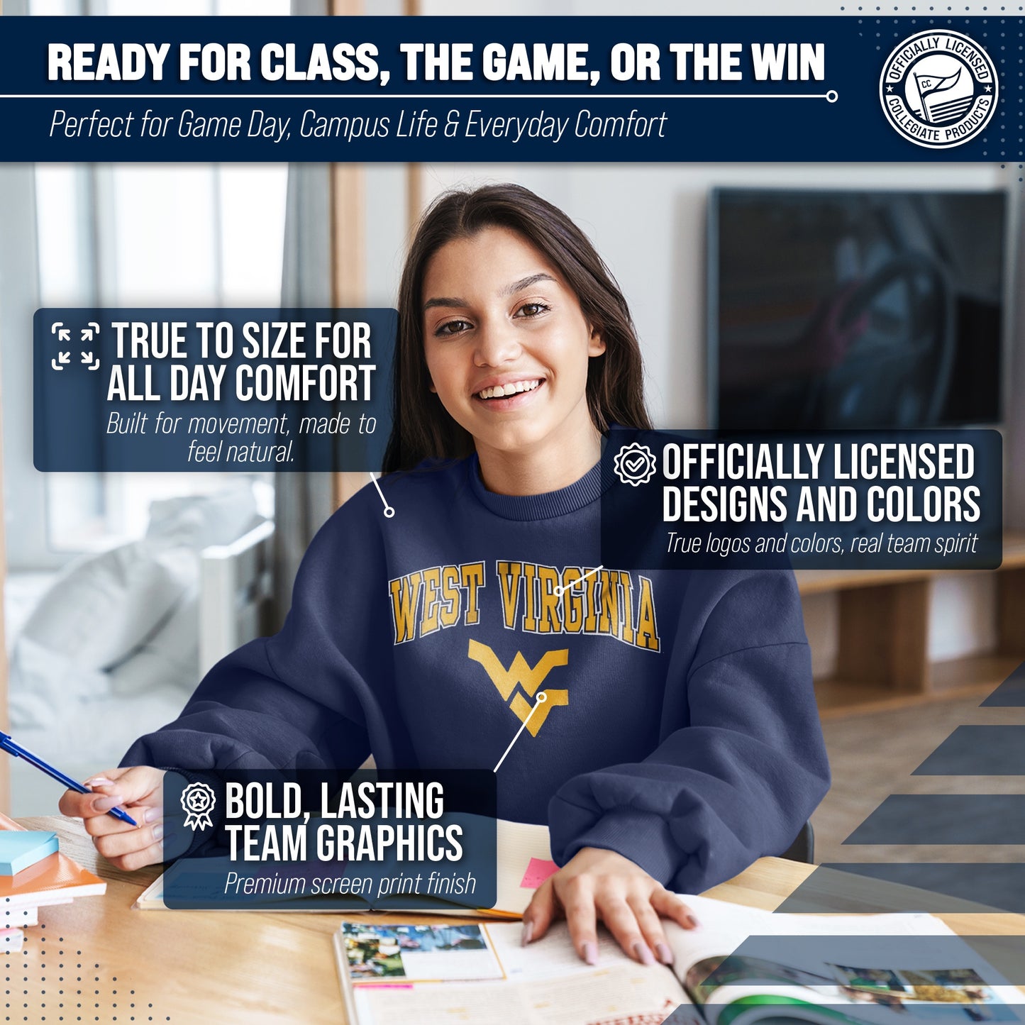 West Virginia Mountaineers Adult Arch & Logo Soft Style Gameday Crewneck Sweatshirt - Navy