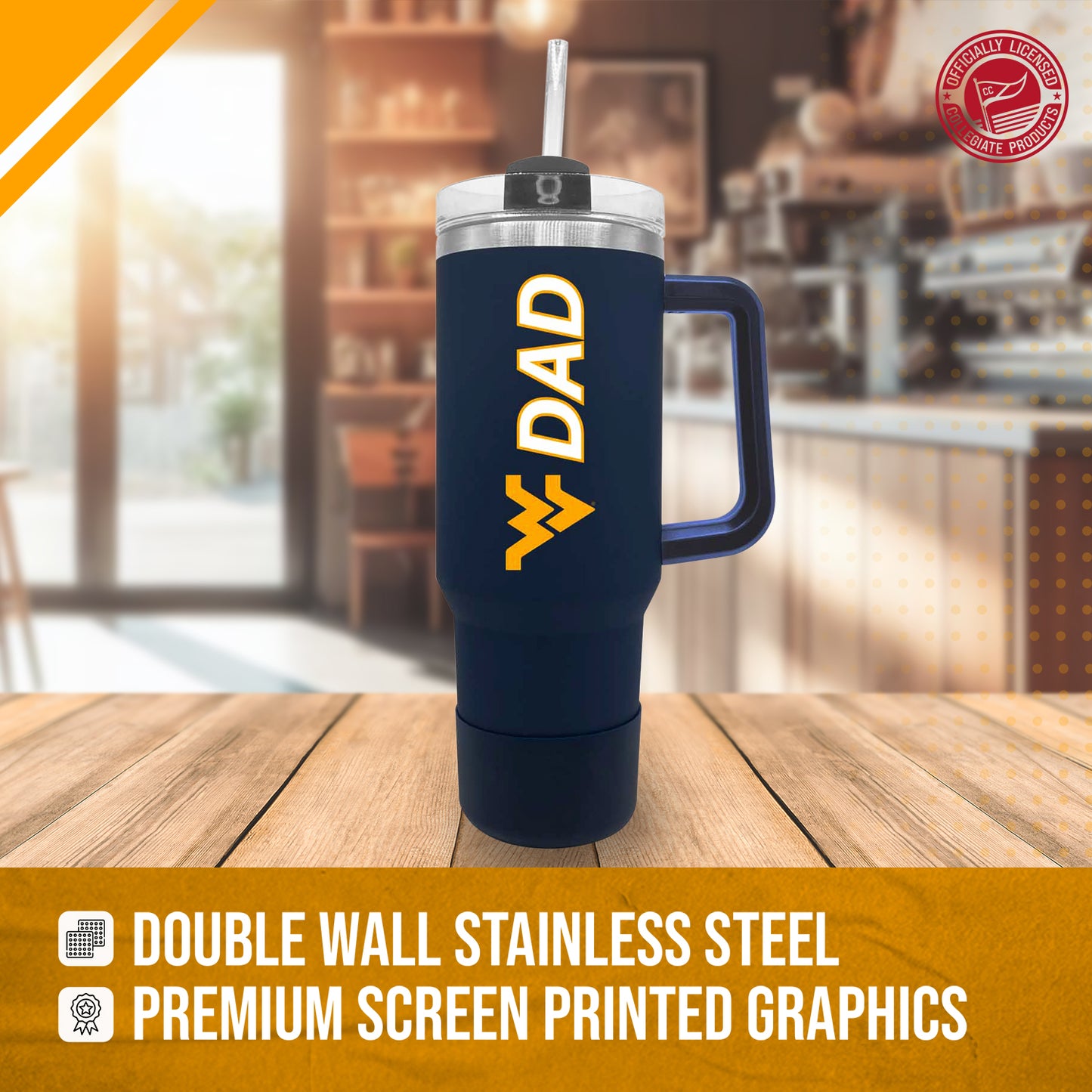 West Virginia Mountaineers Collegiate 40oz Stainless Steel Travel Tumbler with Handle for Dad - Navy