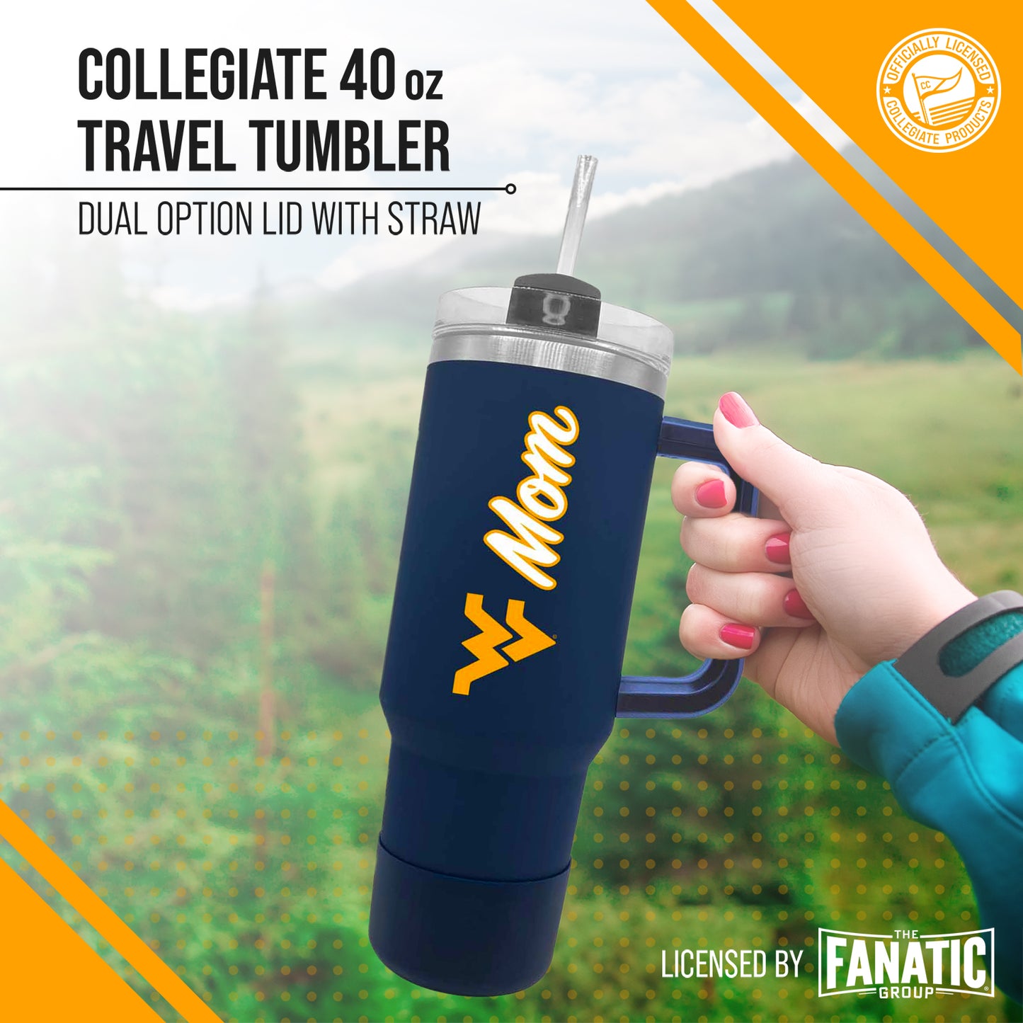 West Virginia Mountaineers Collegiate 40oz Stainless Steel Travel Tumbler with Handle for Mom - Navy