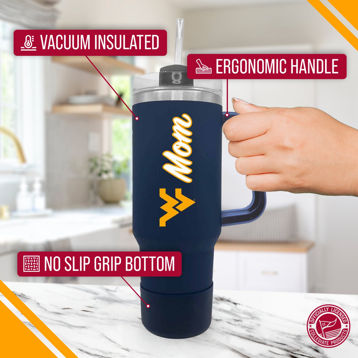 West Virginia Mountaineers Collegiate 40oz Stainless Steel Travel Tumbler with Handle for Mom - Navy