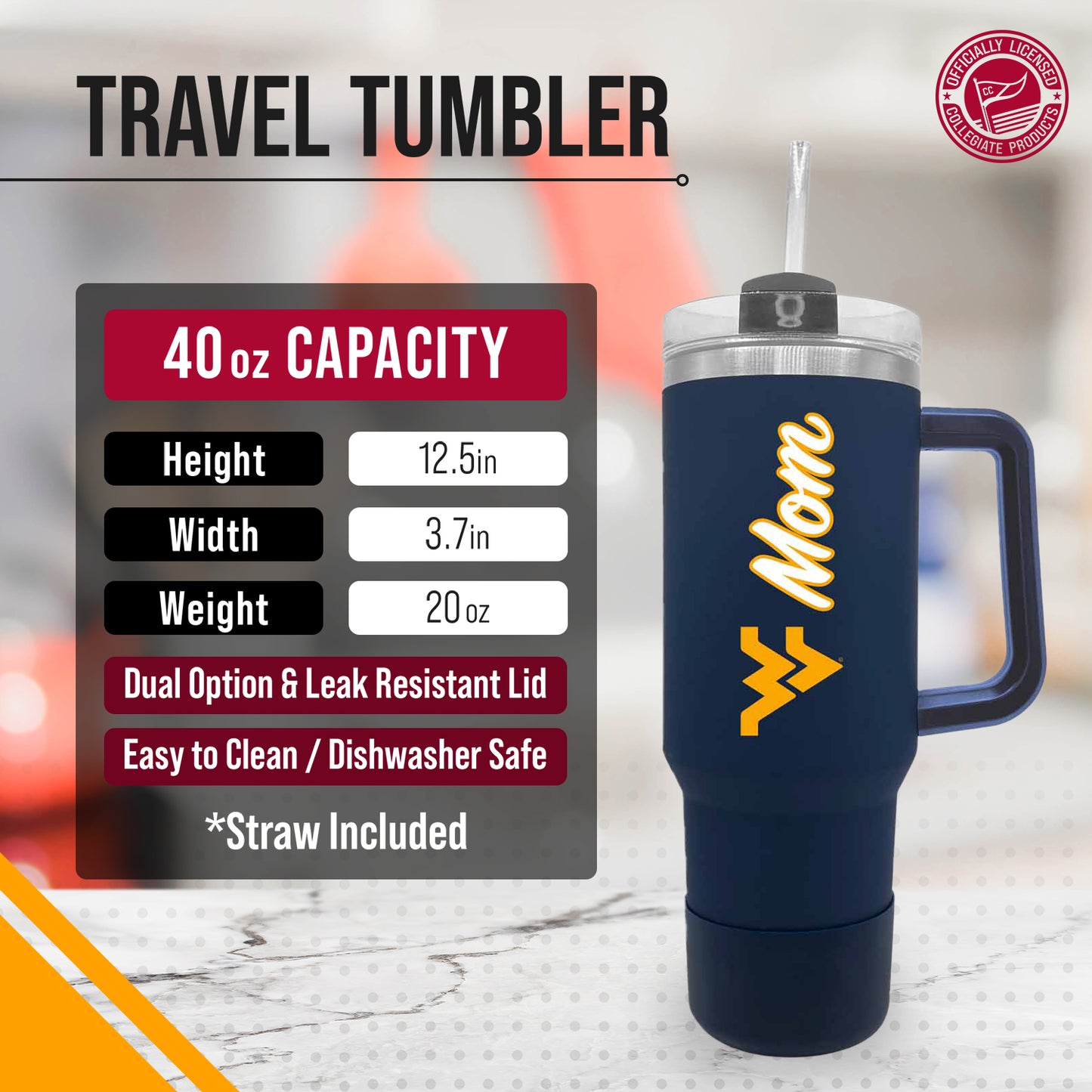 West Virginia Mountaineers Collegiate 40oz Stainless Steel Travel Tumbler with Handle for Mom - Navy