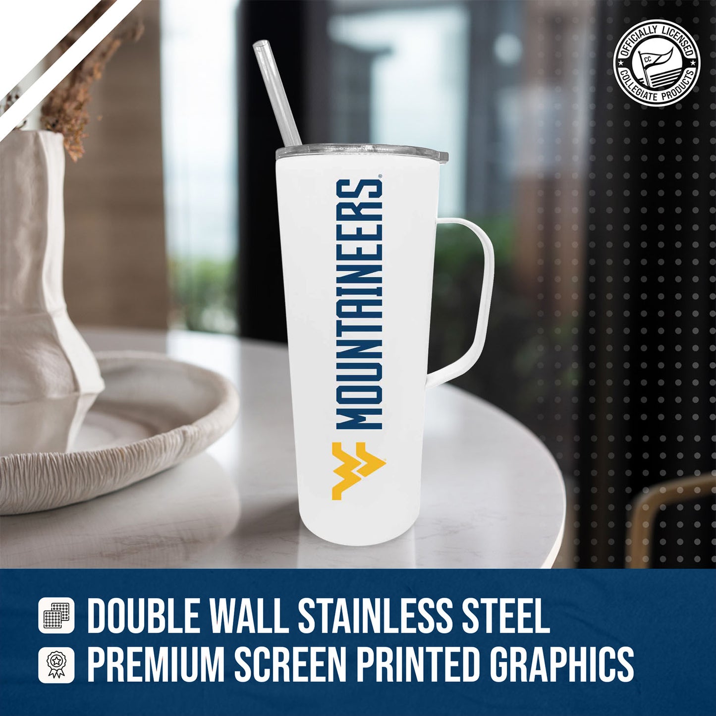 West Virginia Mountaineers NCAA Stainless Steel 20oz Roadie With Handle & Dual Option Lid With Straw - White