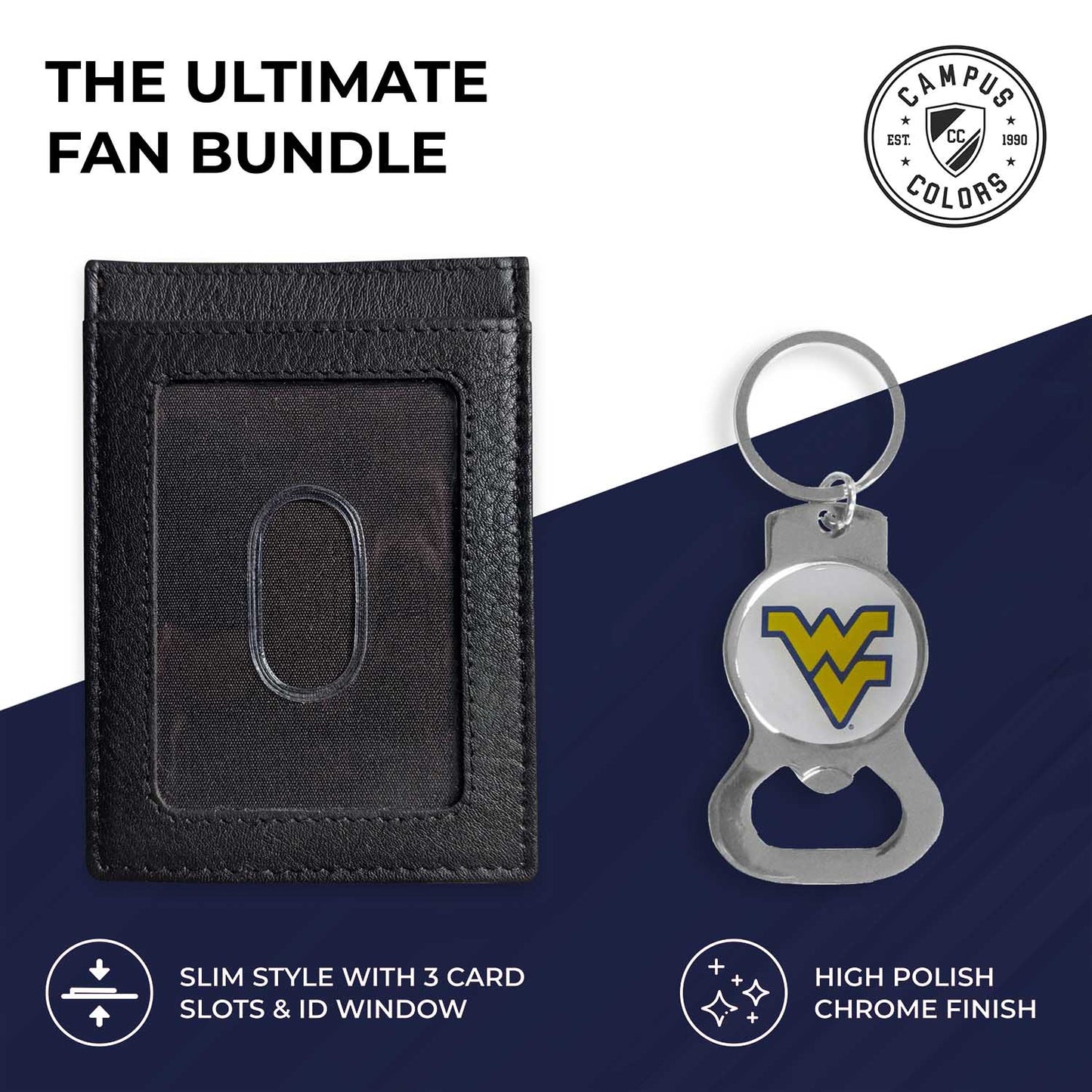 West Virginia Mountaineers School Logo Leather Card/Cash Holder and Bottle Opener Keychain Bundle - Black