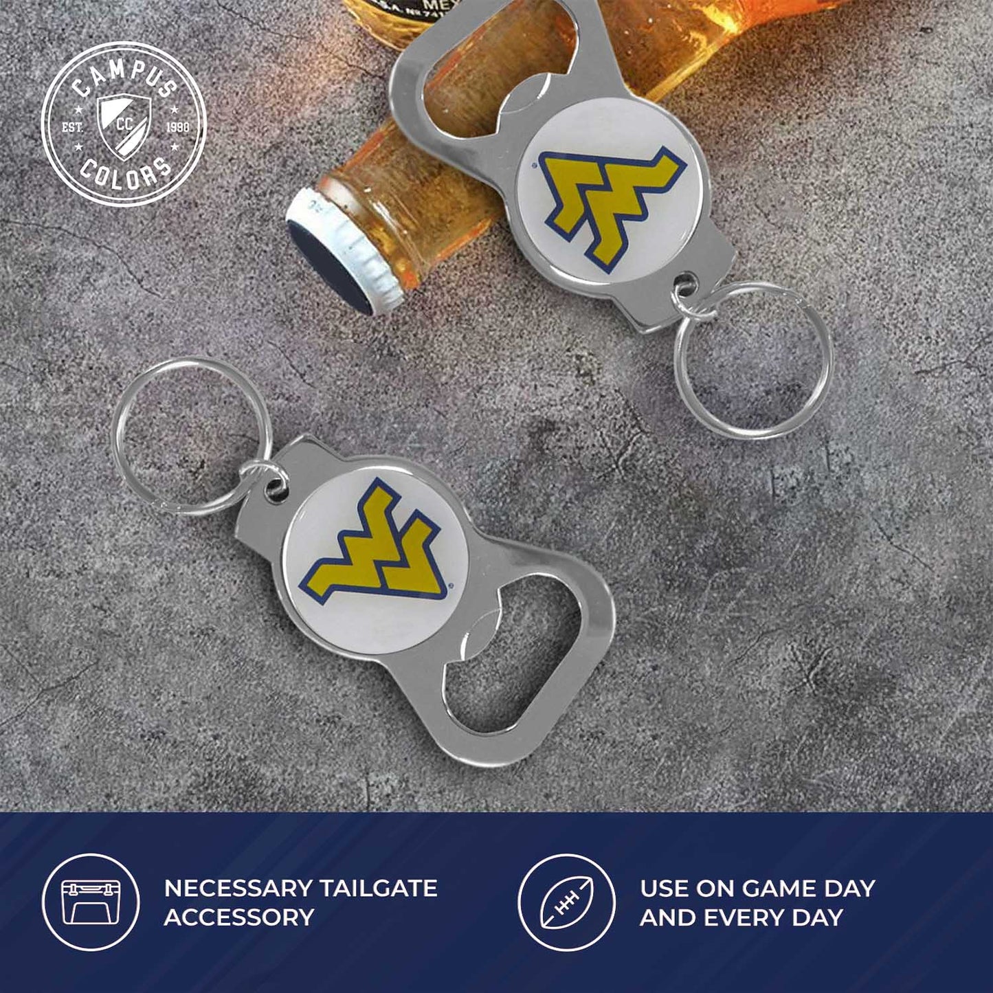 West Virginia Mountaineers School Logo Leather Card/Cash Holder and Bottle Opener Keychain Bundle - Black