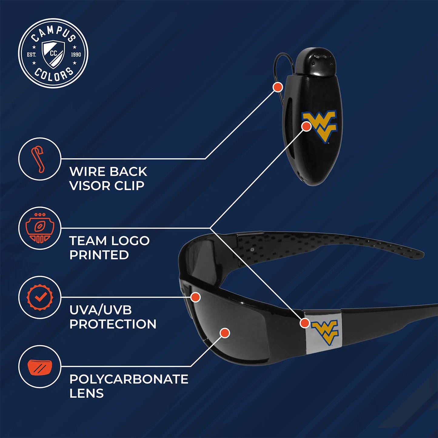 West Virginia Mountaineers NCAA Black Chrome Sunglasses with Visor Clip Bundle - Black