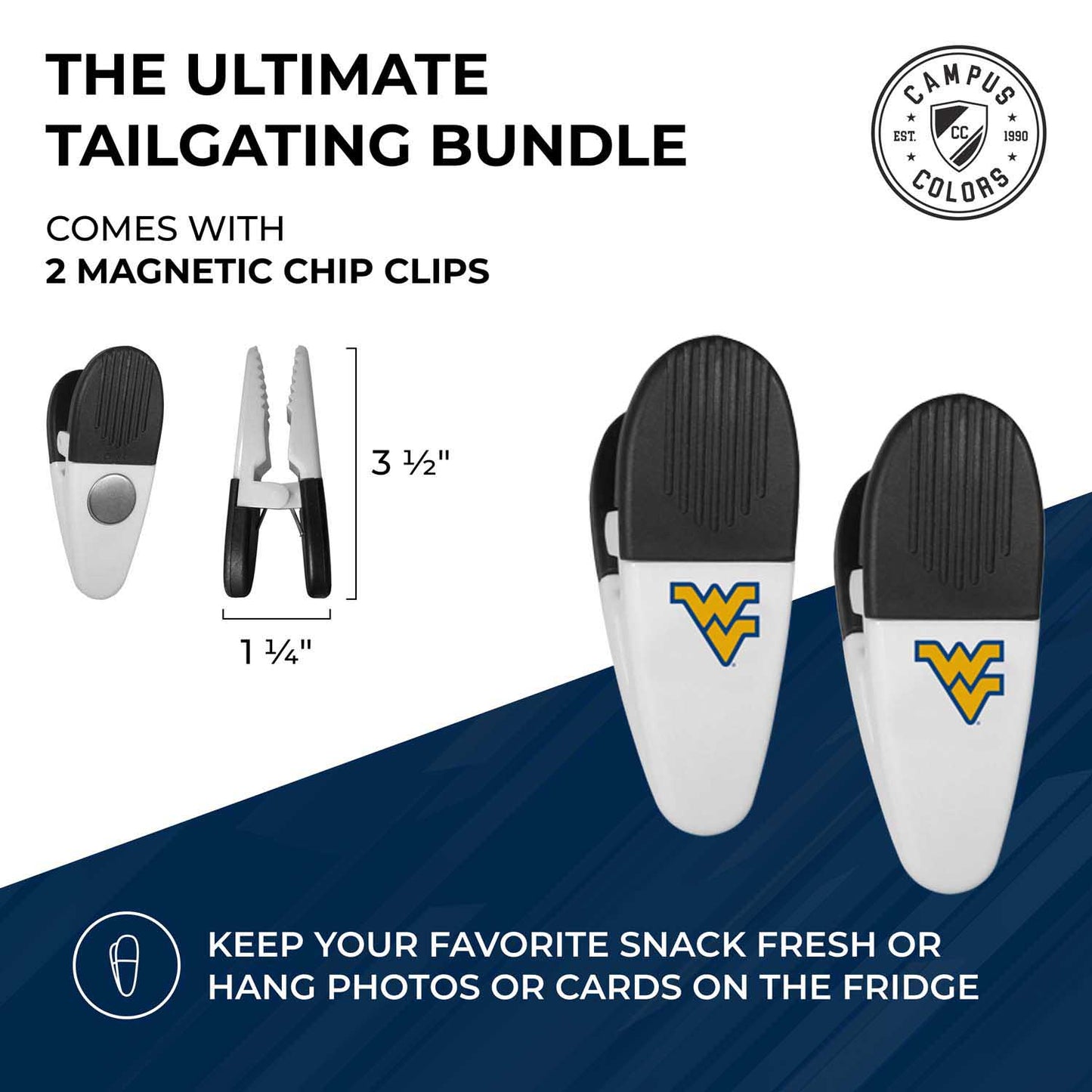 West Virginia Mountaineers Collegiate University Two Piece Grilling Tools Set with 2 Magnet Chip Clips - Chrome