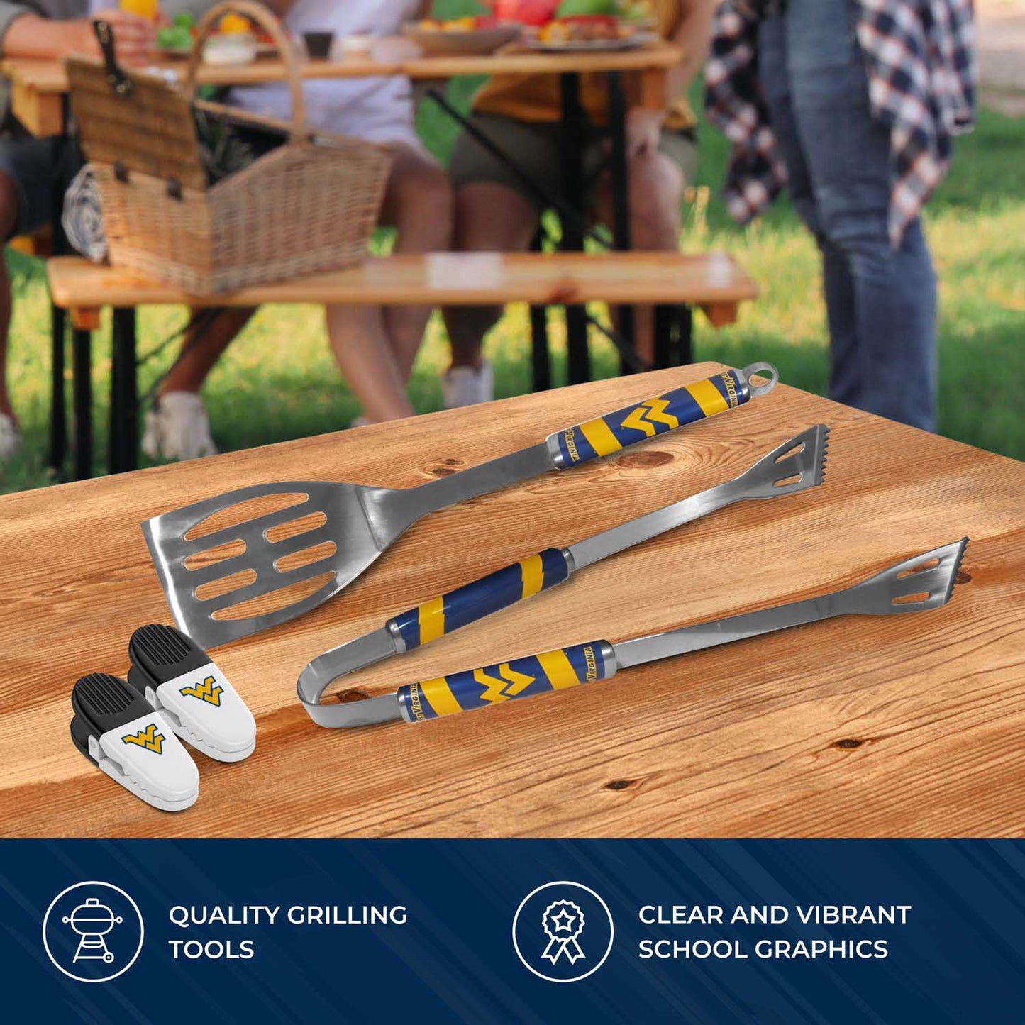 West Virginia Mountaineers Collegiate University Two Piece Grilling Tools Set with 2 Magnet Chip Clips - Chrome